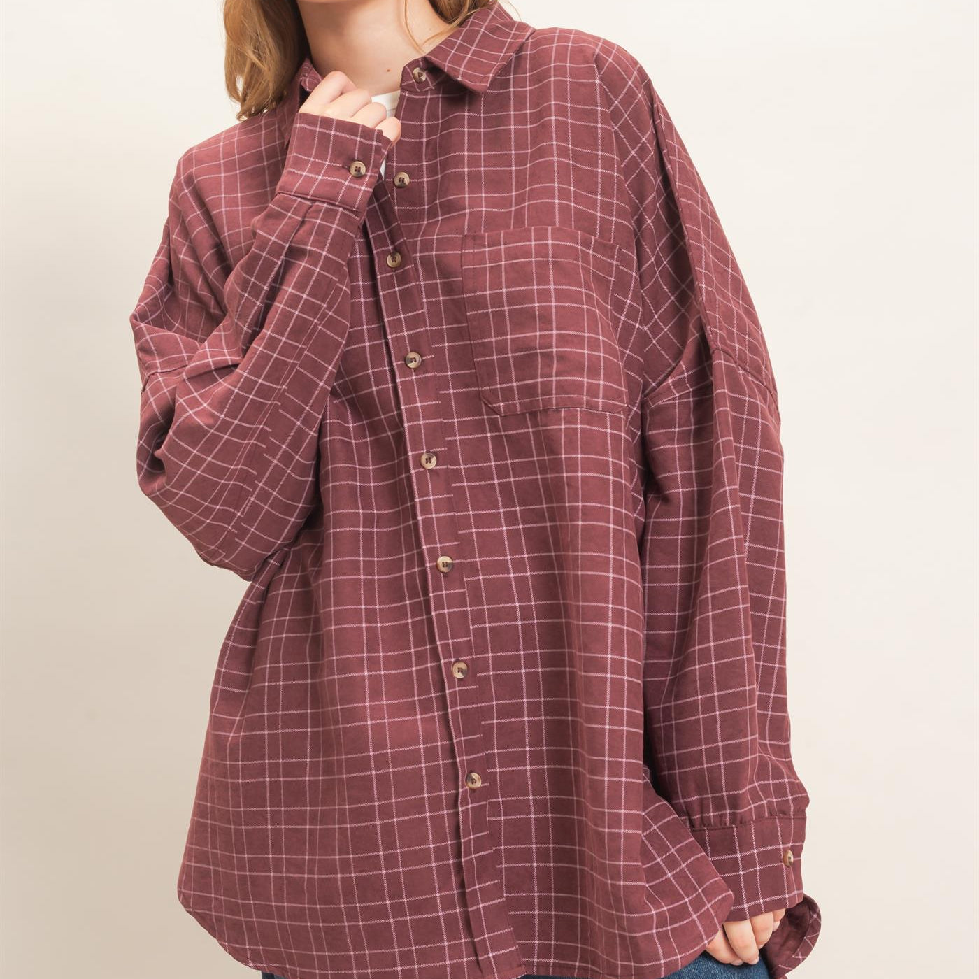 Wholesale Plaid Button-Up Shirt Shirts HF26E734 WINE HYFVE