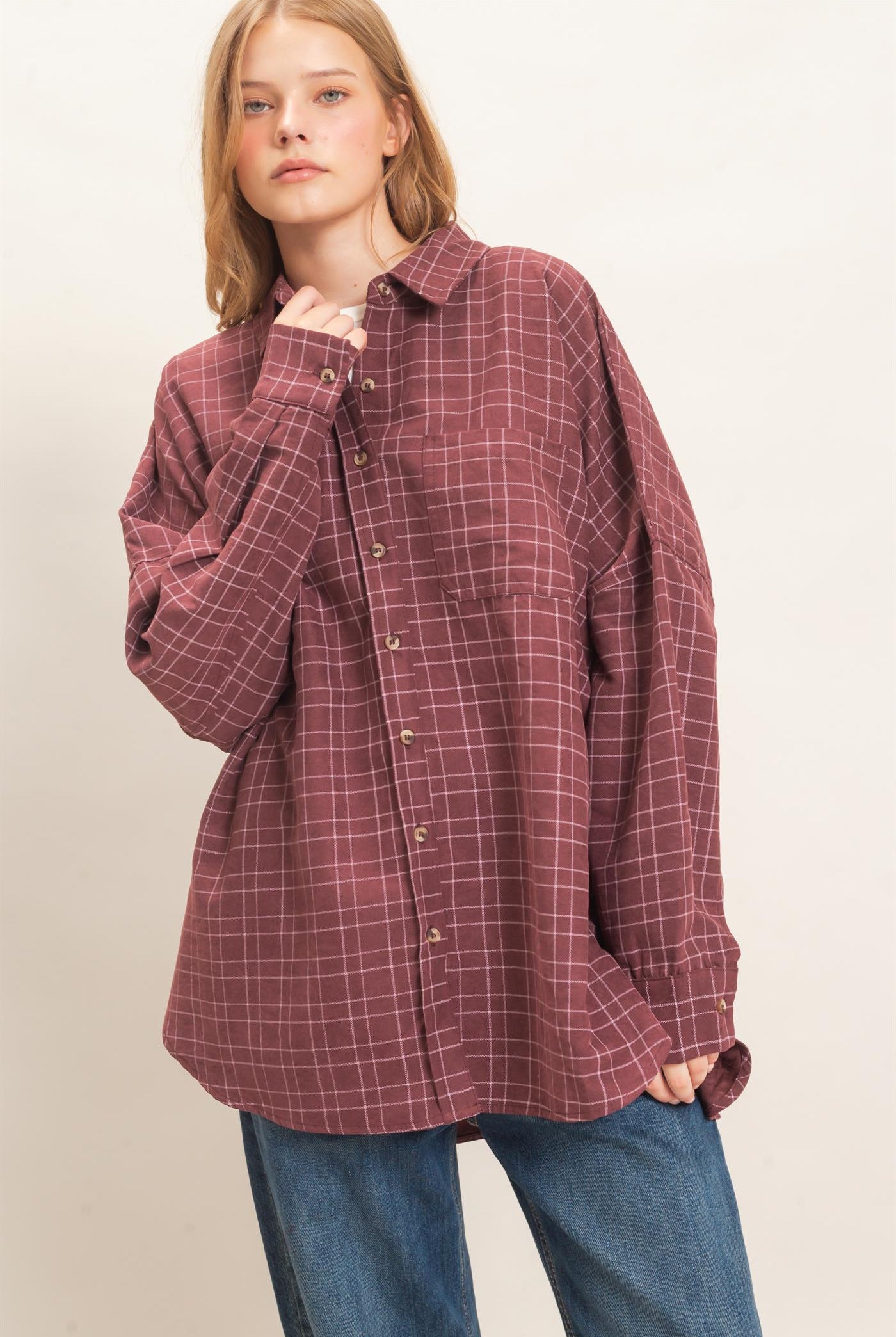 Wholesale Plaid Button-Up Shirt Shirts HF26E734 WINE HYFVE