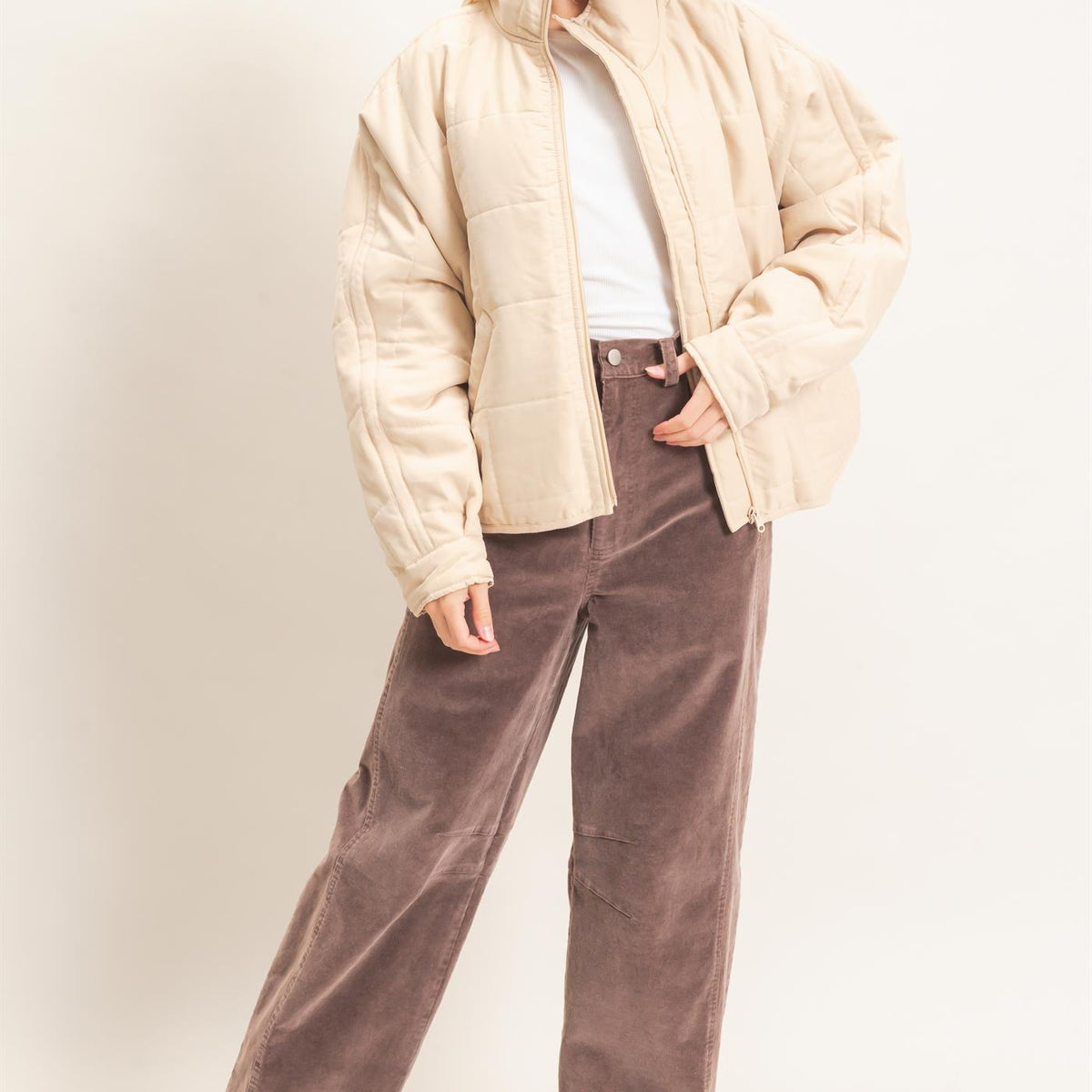 Wholesale Quilted High Collar Jacket Coats & Jackets HF26F167-D BEIGE HYFVE