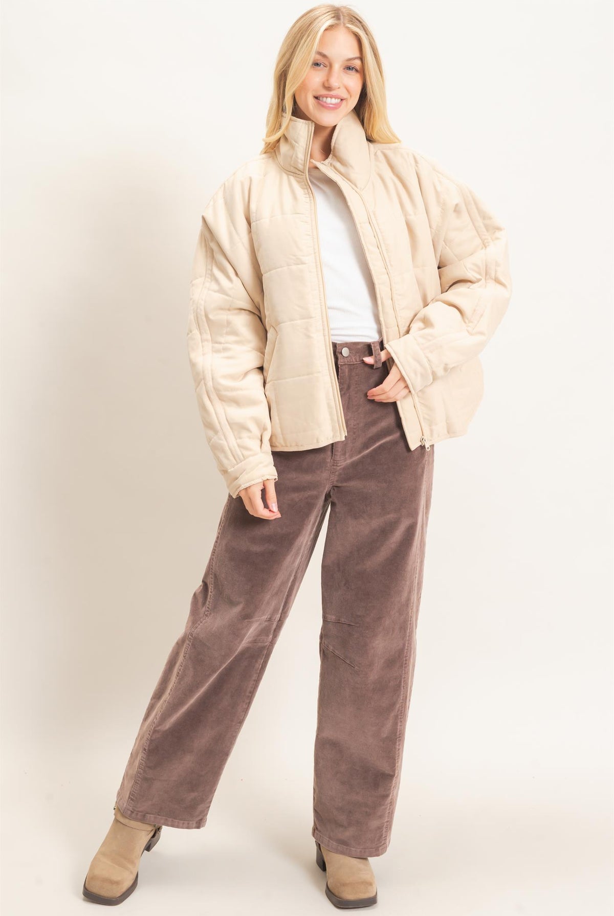 Wholesale Quilted High Collar Jacket Coats & Jackets HF26F167-D BEIGE HYFVE