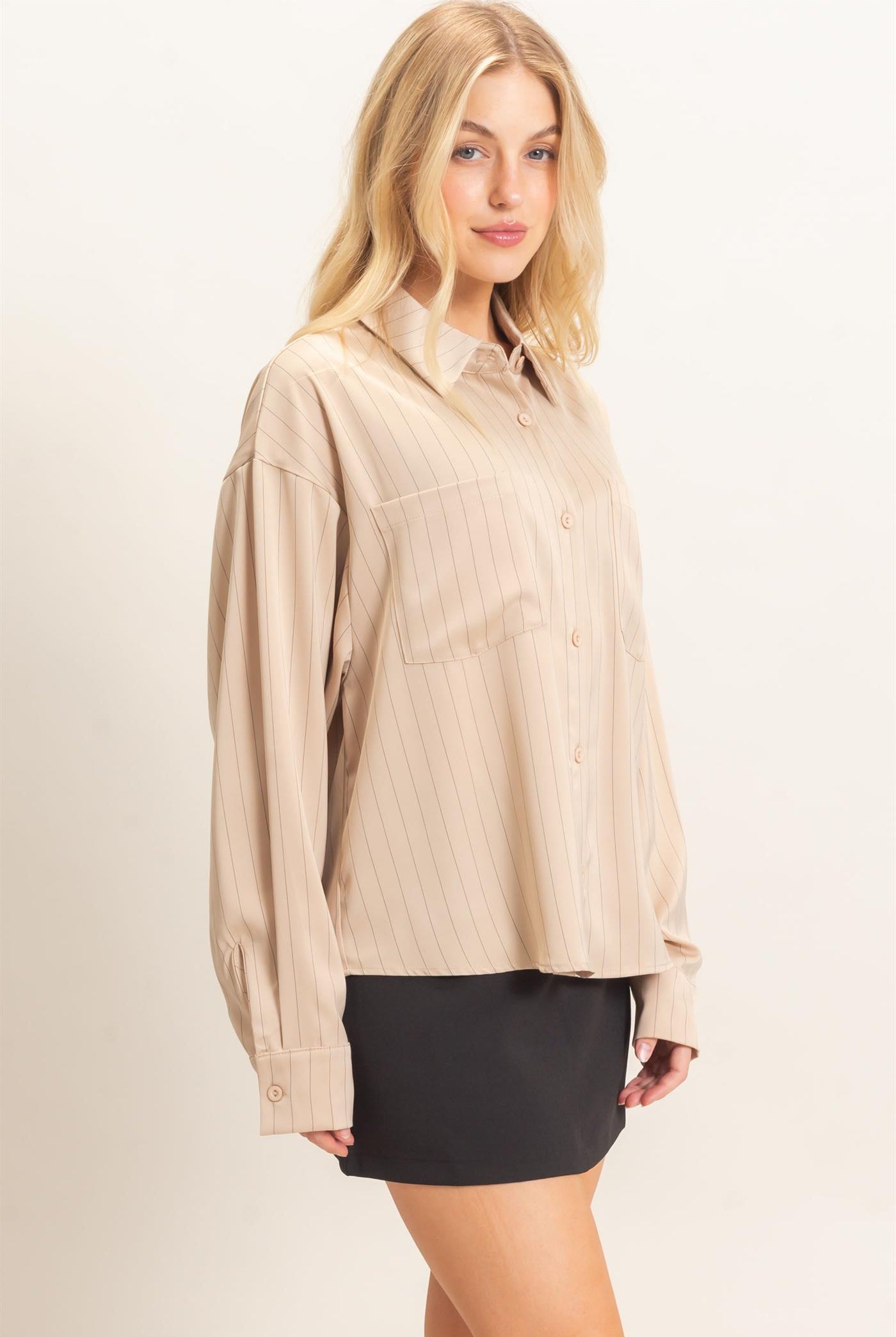 Wholesale Striped Button-Up Blouse Blouses HF26C953 LIGHT TAUPE HYFVE