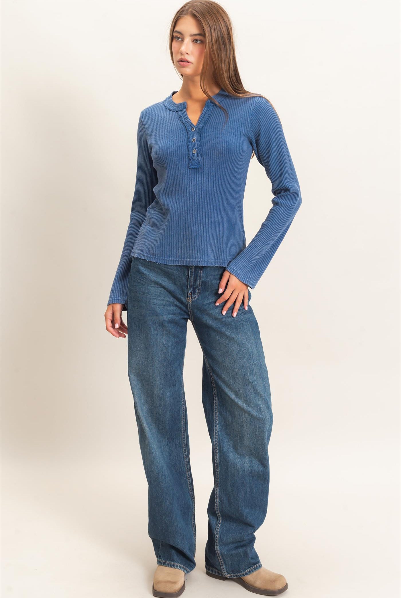 Wholesale Mineral Wash Waffle Henley Long Sleeve Top Clothing Tops DZ26E243 NAVY DOUBLE ZERO