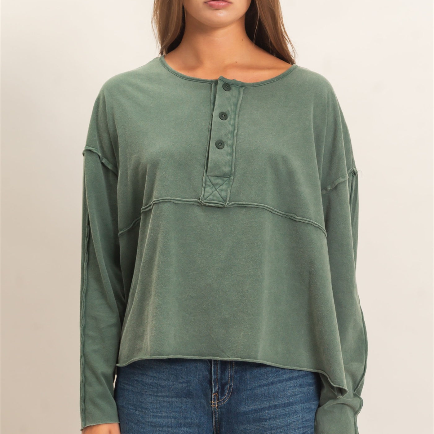 Wholesale Oversized Henley Top With Raw Edges Clothing Tops DZ26F128 DARK GREEN DOUBLE ZERO