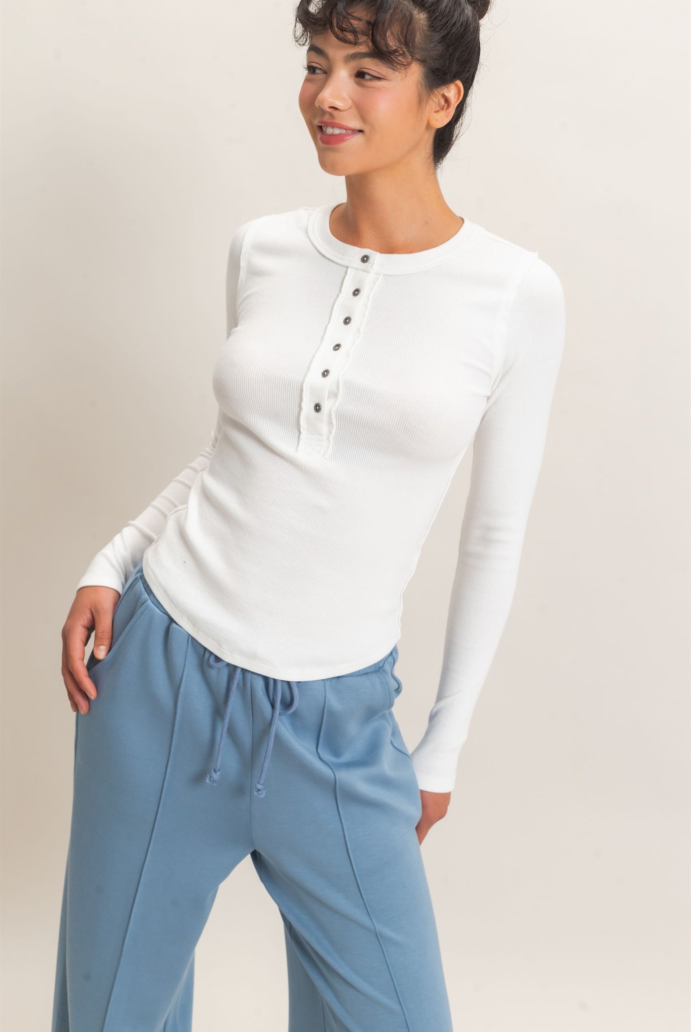 Wholesale Pigment Dye Henley Long Sleeve Top Clothing Tops DZ26C882 WHITE DOUBLE ZERO
