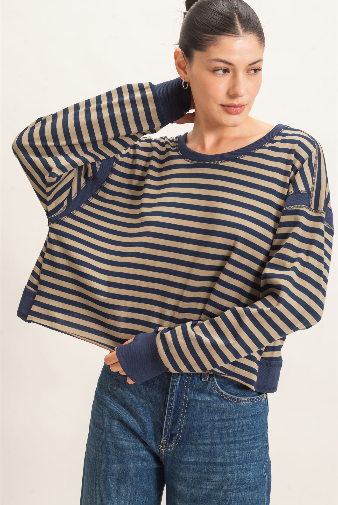 Wholesale Striped Long Sleeve Top Clothing Tops HF26C908-D NAVY HYFVE