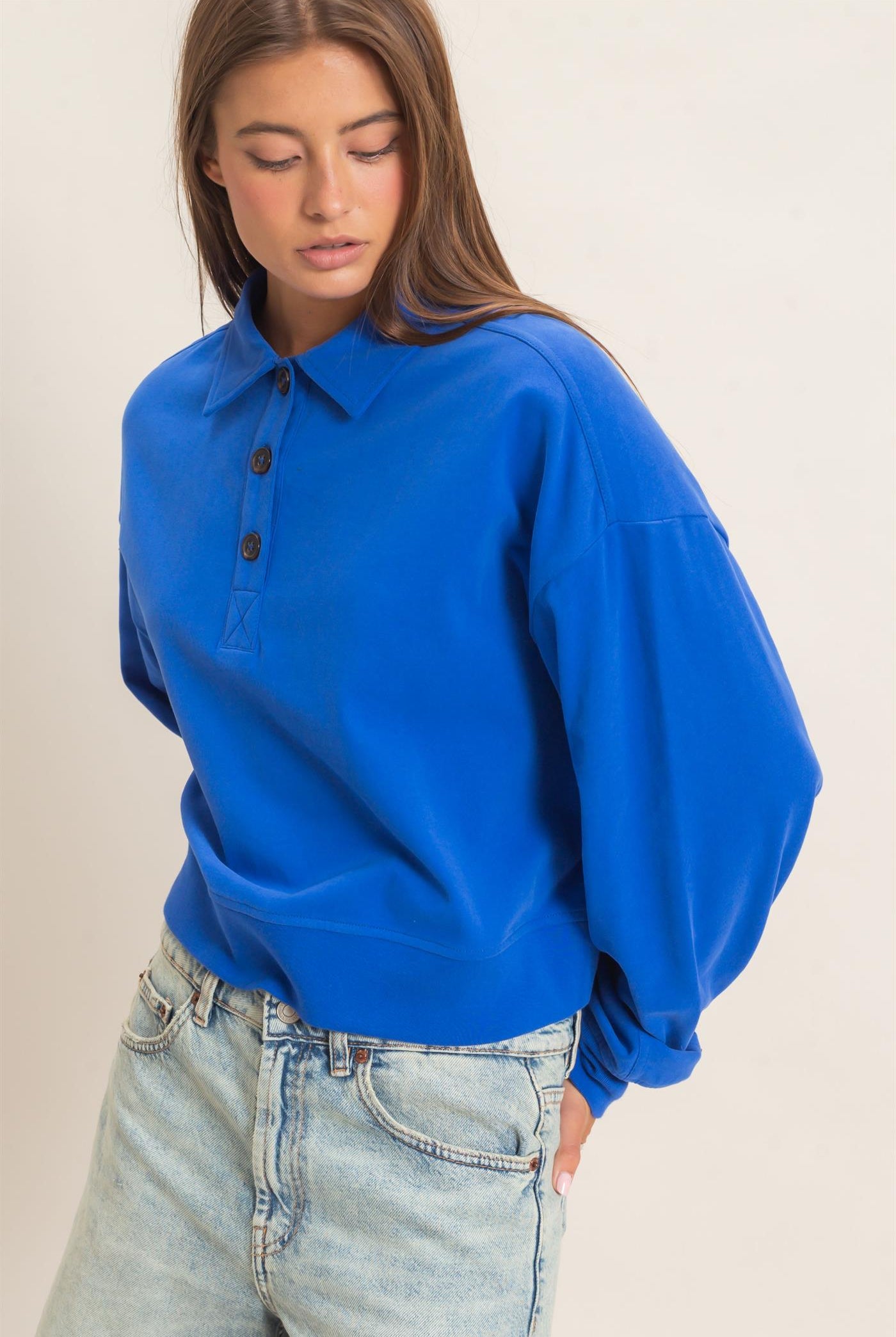 Wholesale Washed Button-Front Collared Sweatshirt Sweatshirts DZ26E390 COBALT DOUBLE ZERO