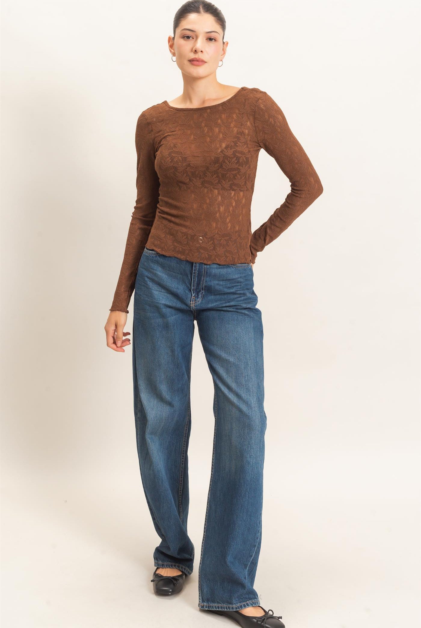 Wholesale Floral Lace Long Sleeve Top Clothing Tops HF26E309 BROWN HYFVE