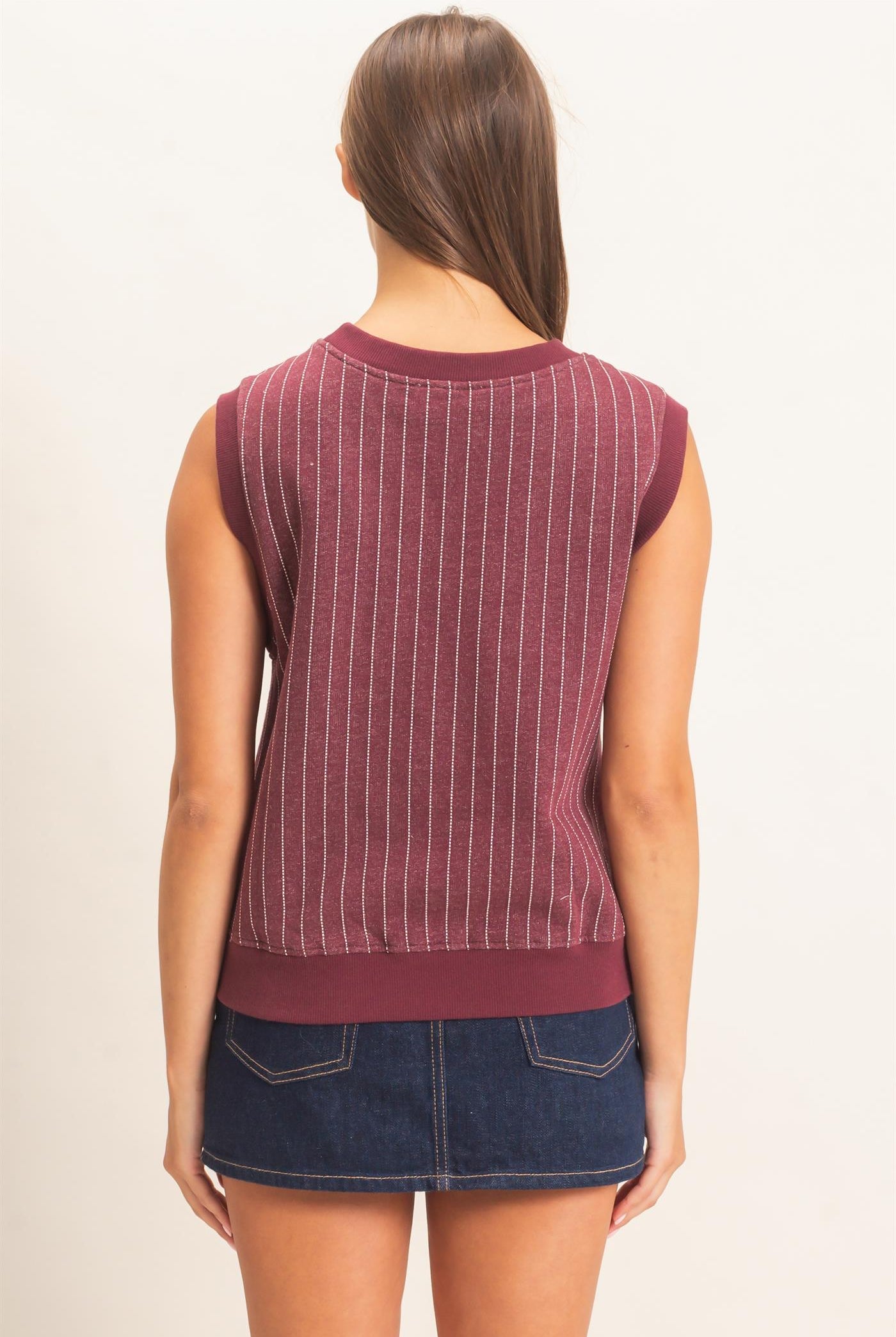 Wholesale V-Neck Pinstripe Sleeveless Top Clothing Tops DZ26E626 DARK CHERRY DOUBLE ZERO
