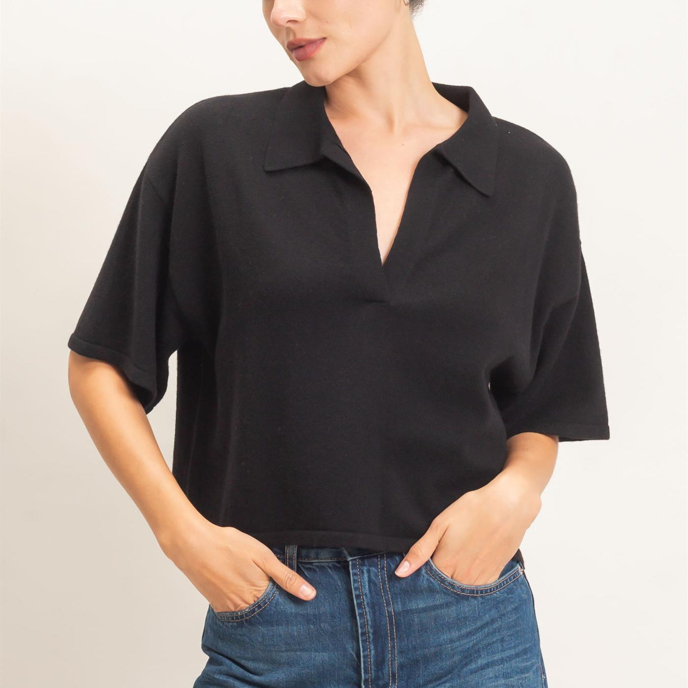 Wholesale Collared V-Neck Sweater Sweaters HF26E038 BLACK HYFVE