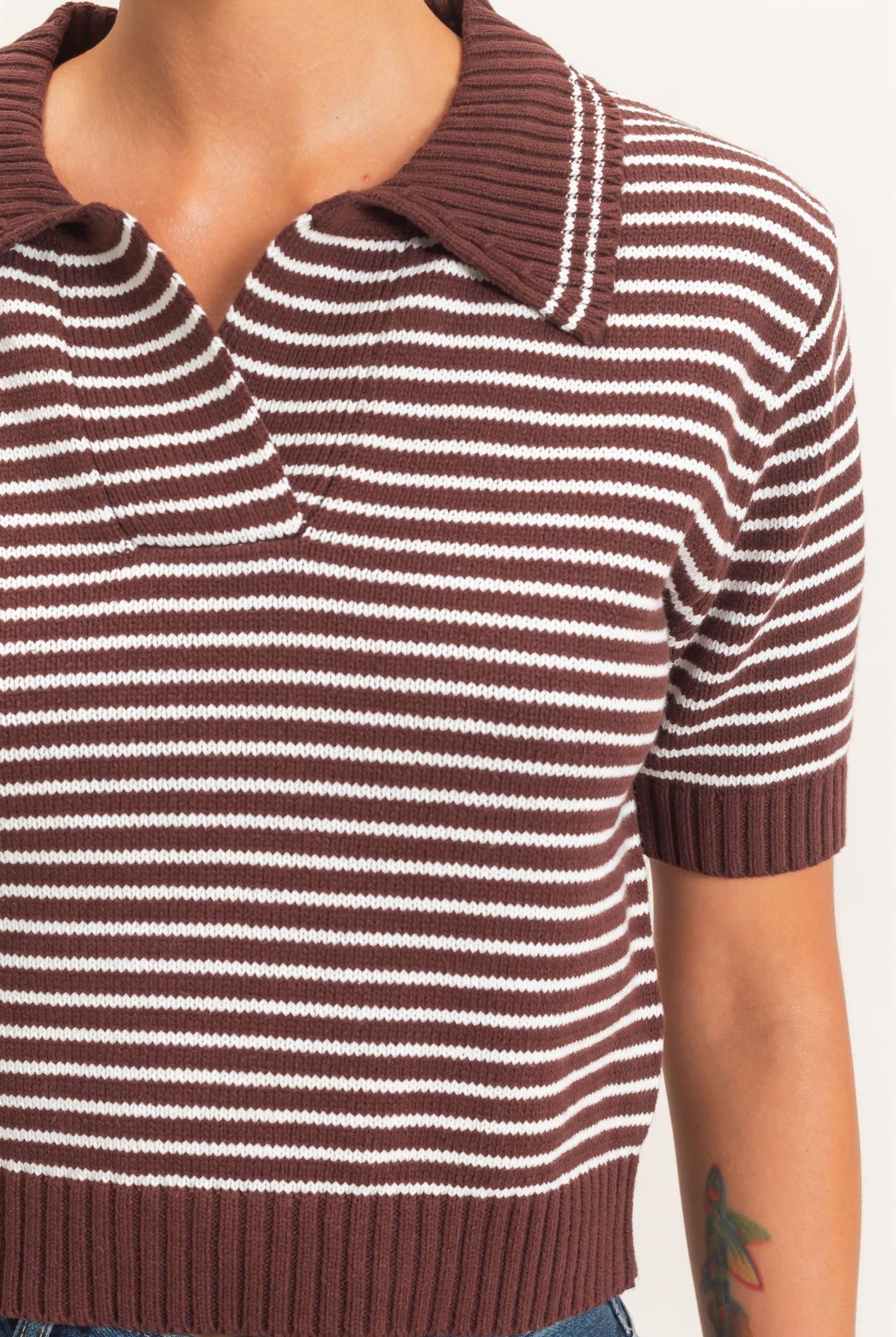 Wholesale Striped Short Sleeve Collar Knit Top Clothing Tops DZ26E261 DARK BROWN DOUBLE ZERO