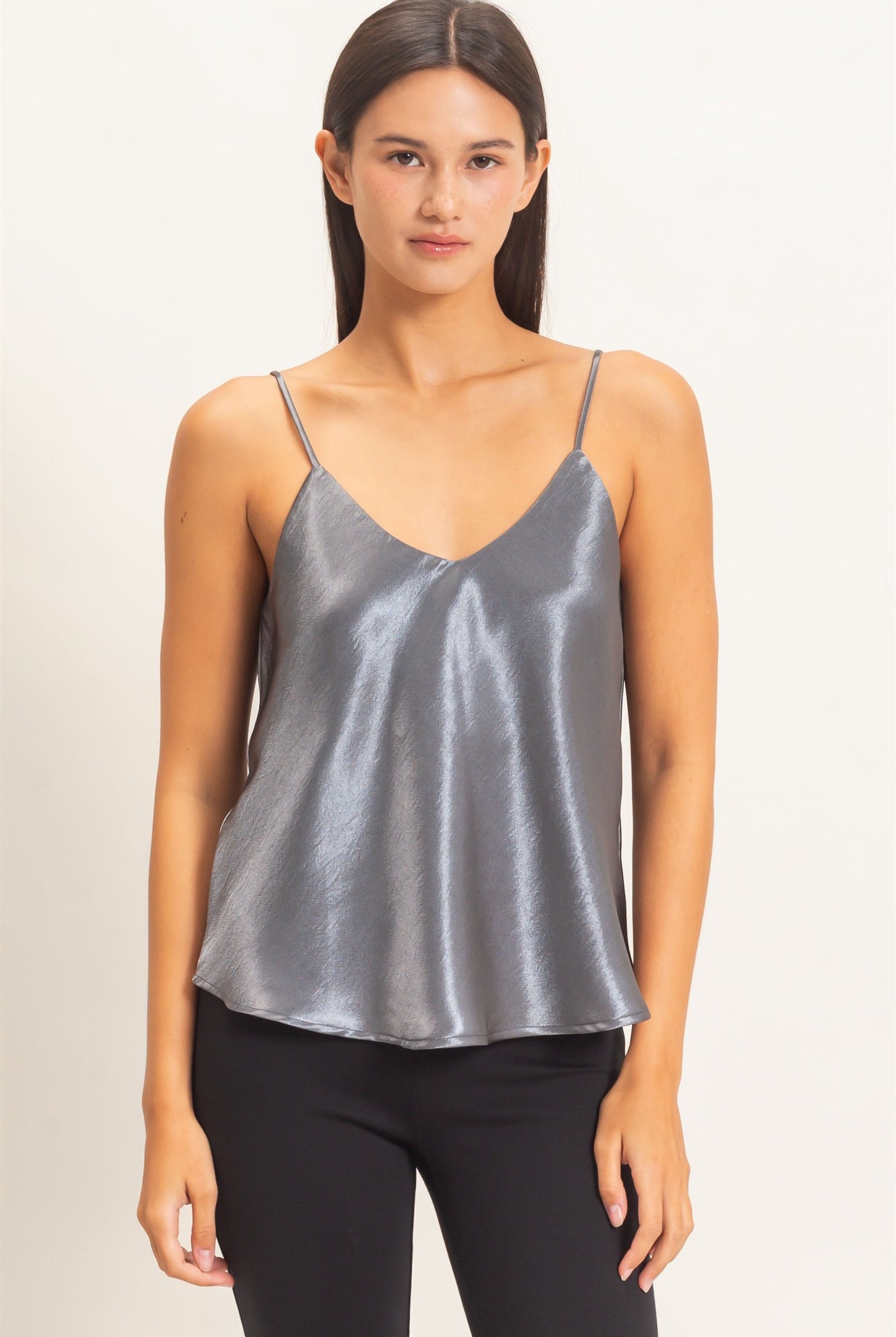 Wholesale V-Neck Satin Cami Top Camisoles DZ26C976 DARK GRAY DOUBLE ZERO