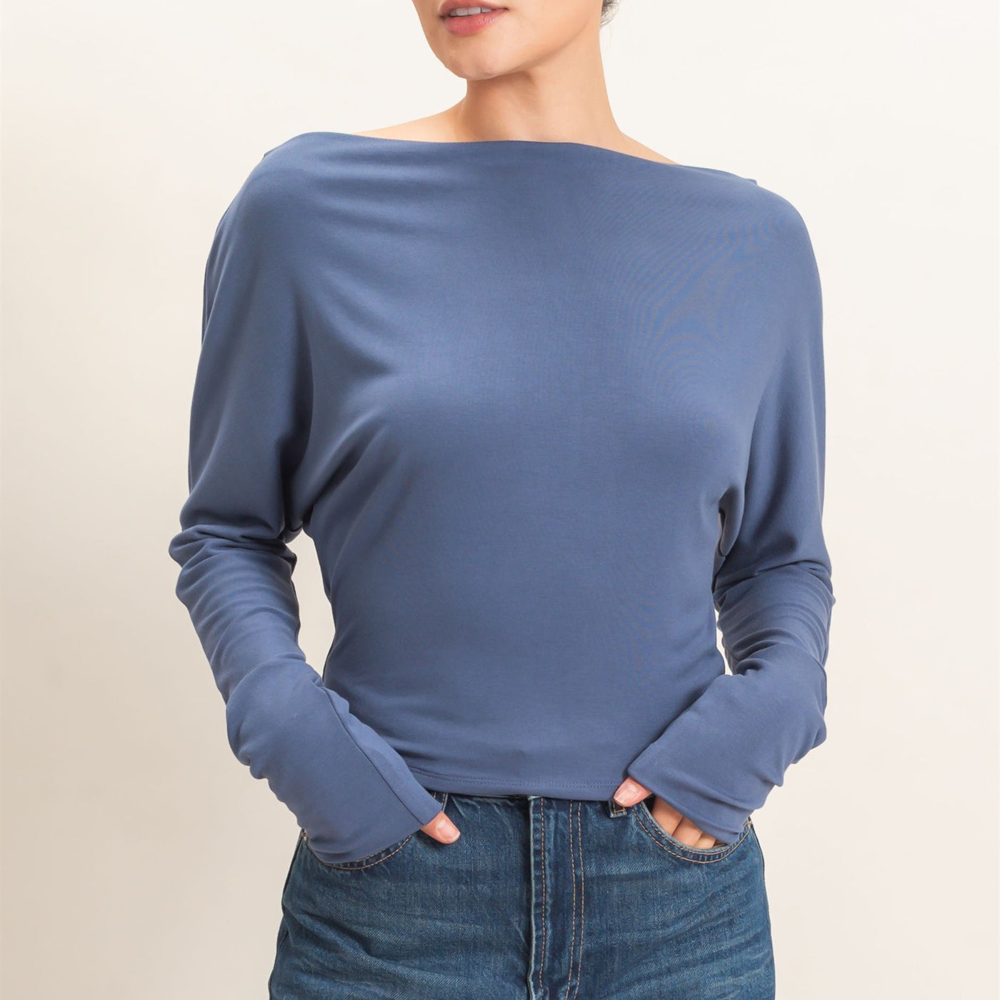Wholesale Wide Boat Neck Dolman Sleeve Top Shirts HF26C883 STEEL BLUE HYFVE