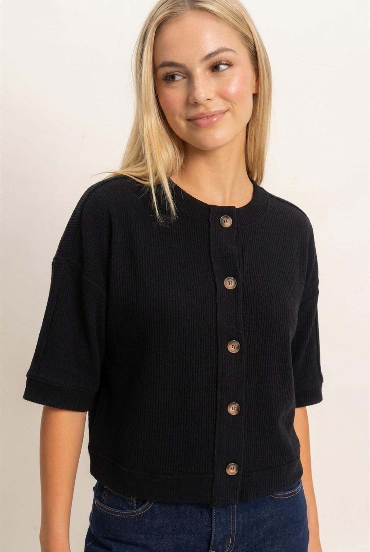 Wholesale Button-Down Short Sleeve Waffle Top Clothing Tops DZ26F244 BLACK DOUBLE ZERO