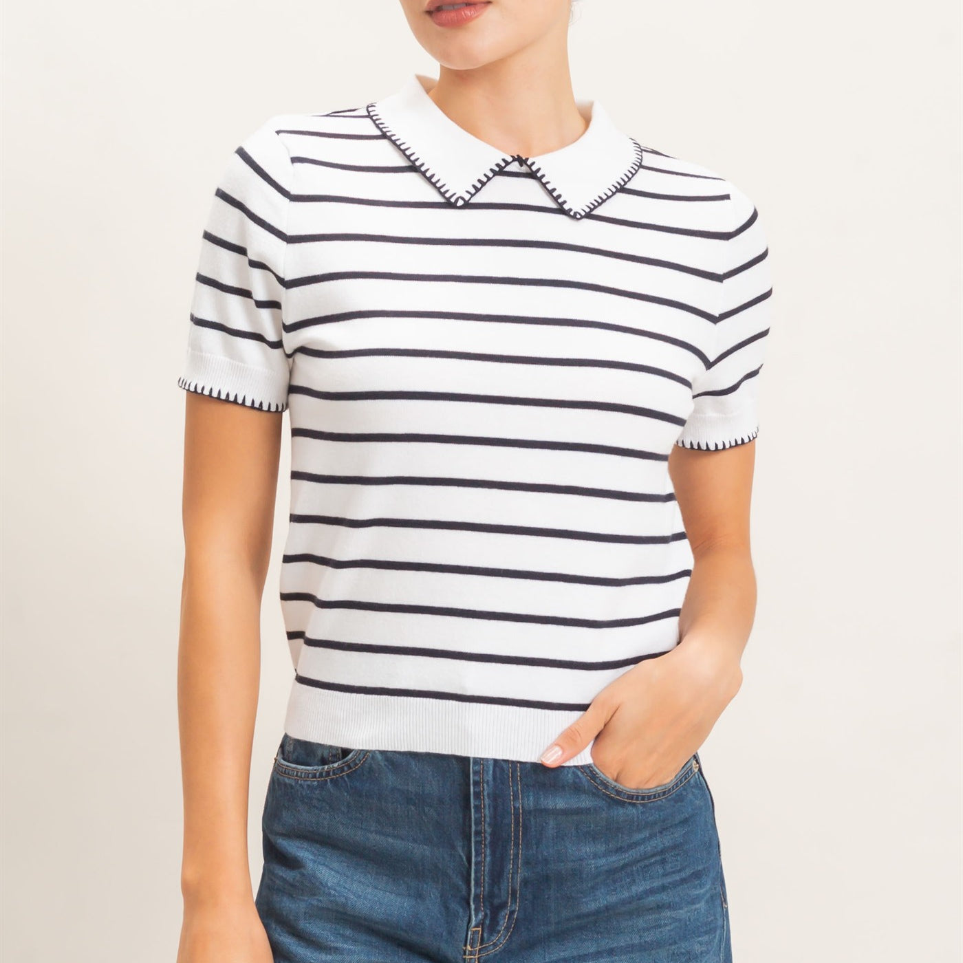 Wholesale Striped Polo Collar Sweater Sweaters HF26E233 WHITE HYFVE