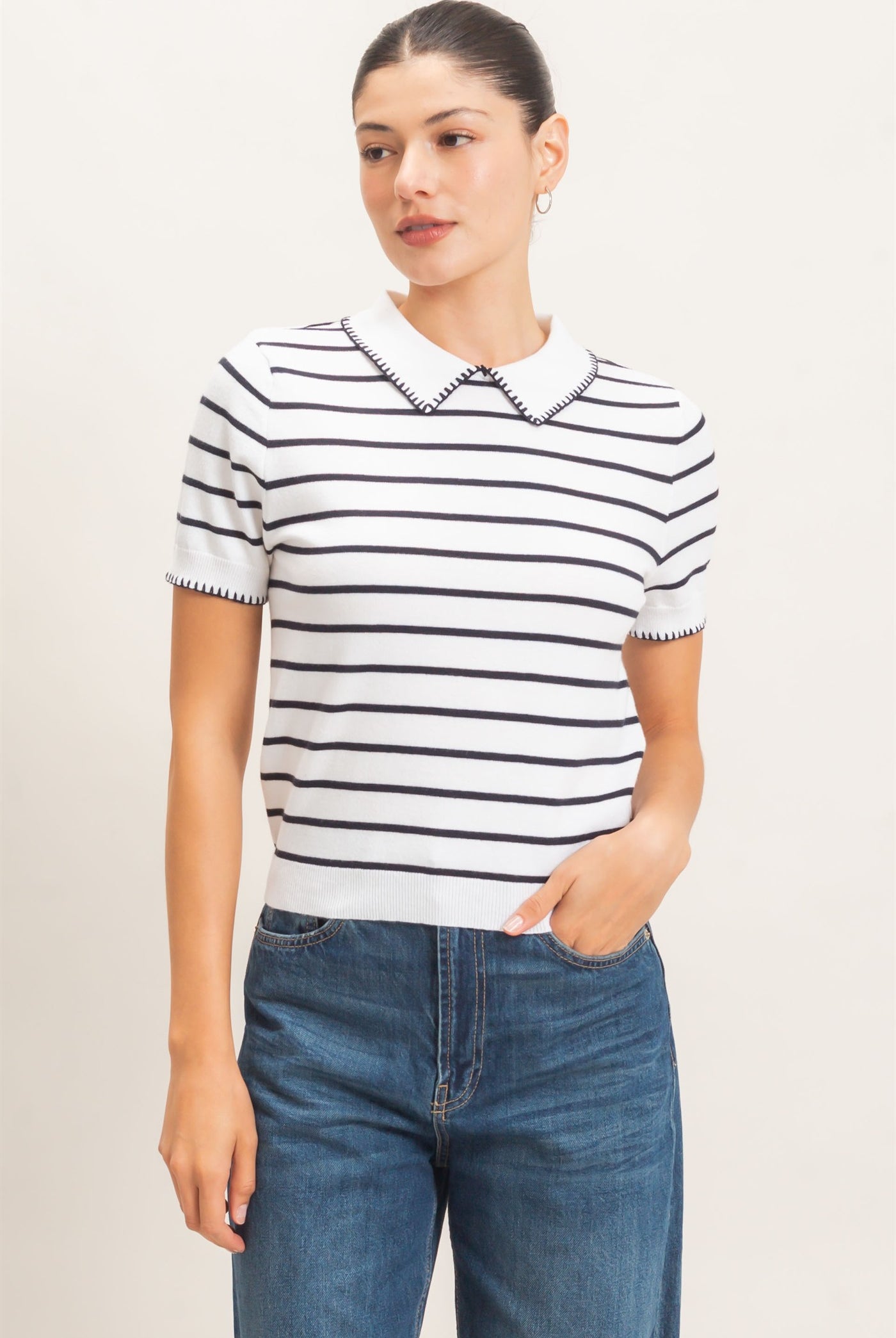 Wholesale Striped Polo Collar Sweater Sweaters HF26E233 WHITE HYFVE