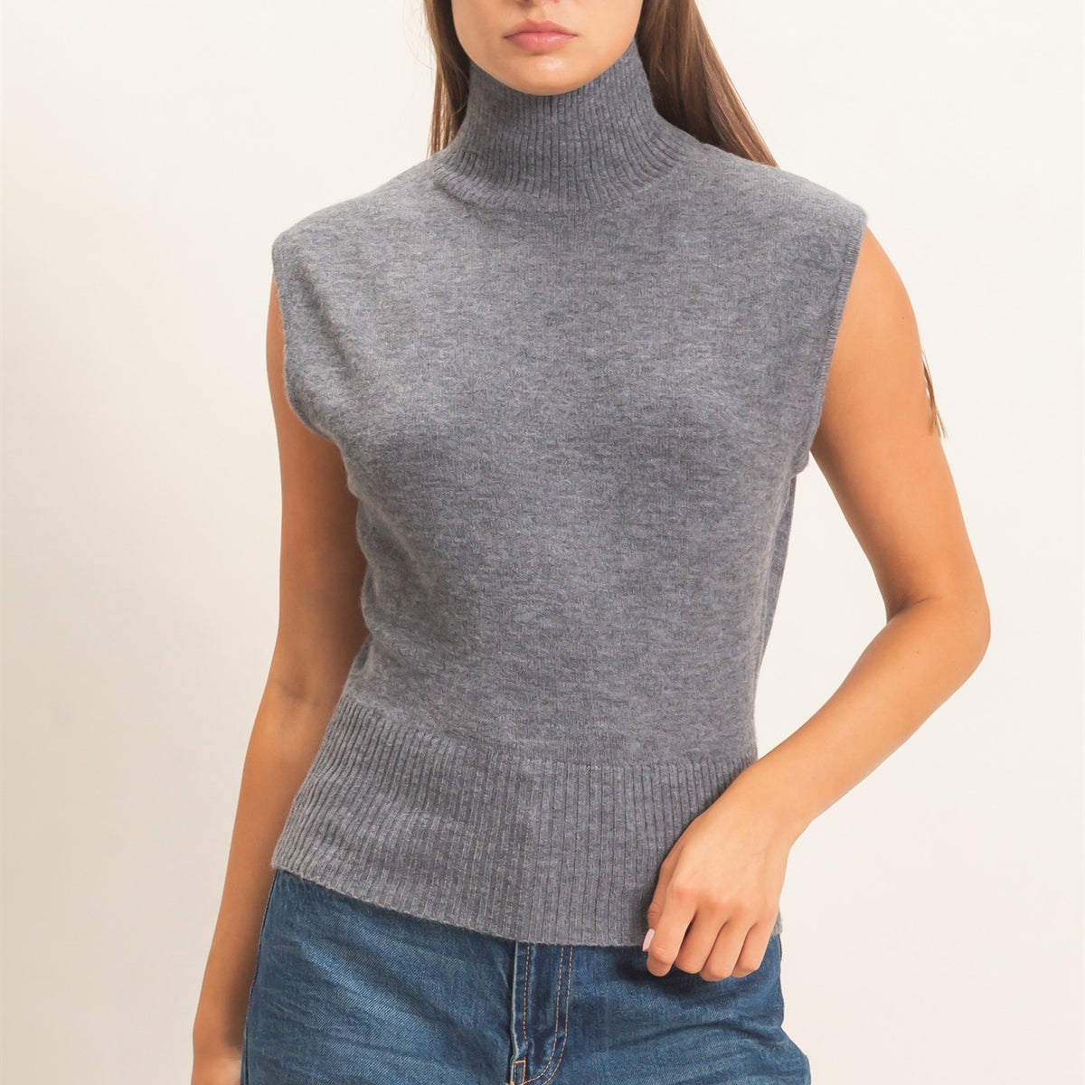 Wholesale Sleeveless High Neck Knit Top Clothing Tops DZ26E946 CHARCOAL DOUBLE ZERO