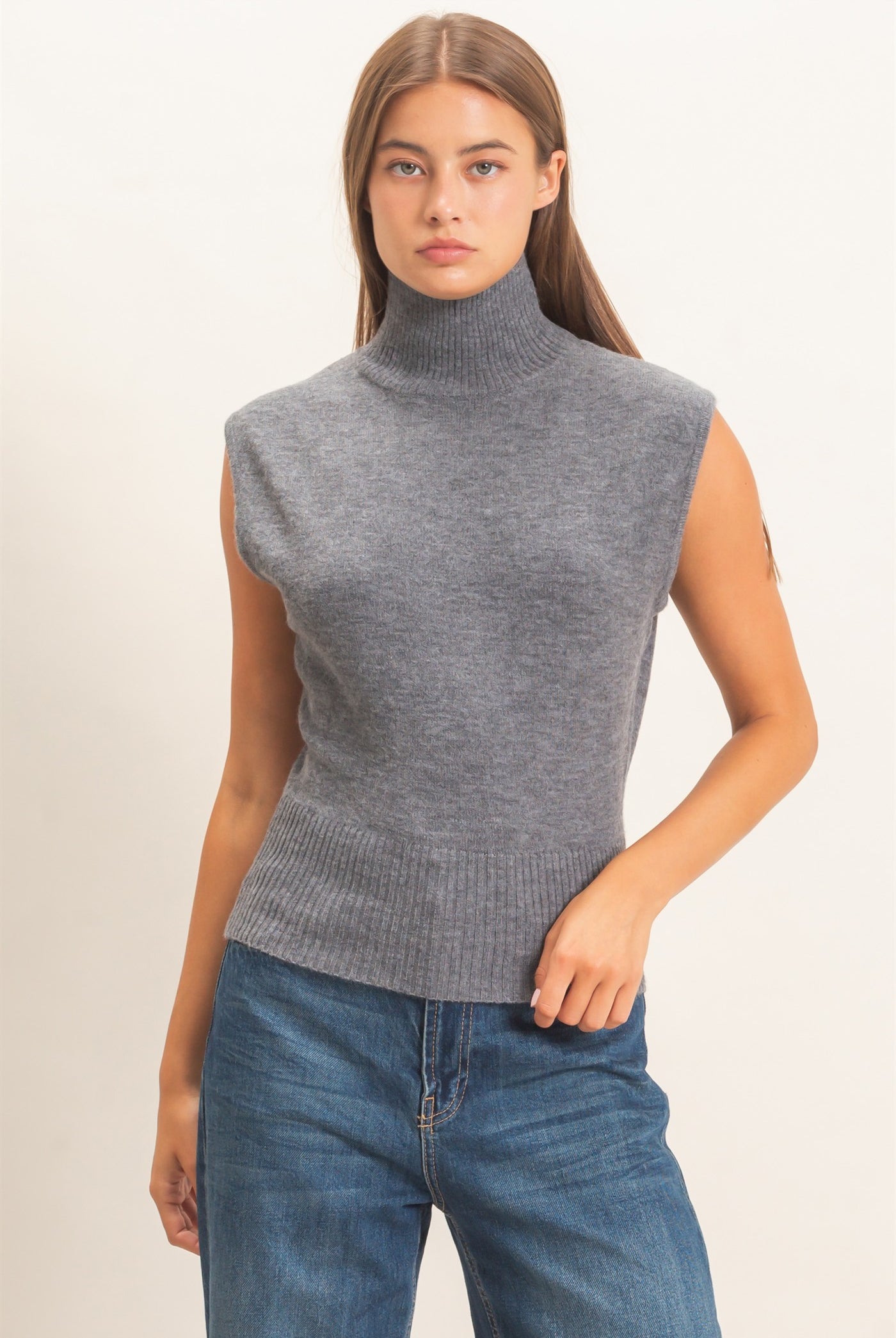 Wholesale Sleeveless High Neck Knit Top Clothing Tops DZ26E946 CHARCOAL DOUBLE ZERO
