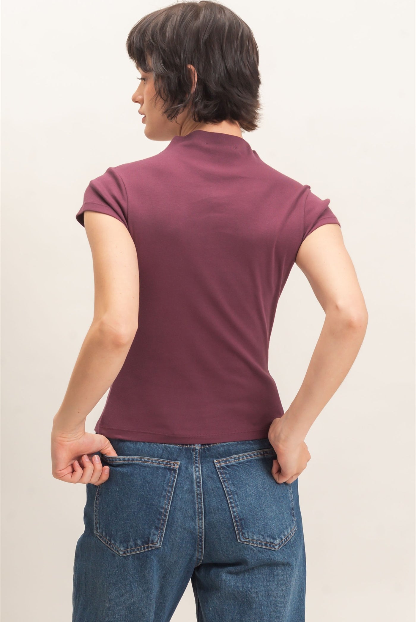 Wholesale Mock Neck Cap Sleeve Top Clothing Tops DZ26E323 DARK CHERRY DOUBLE ZERO