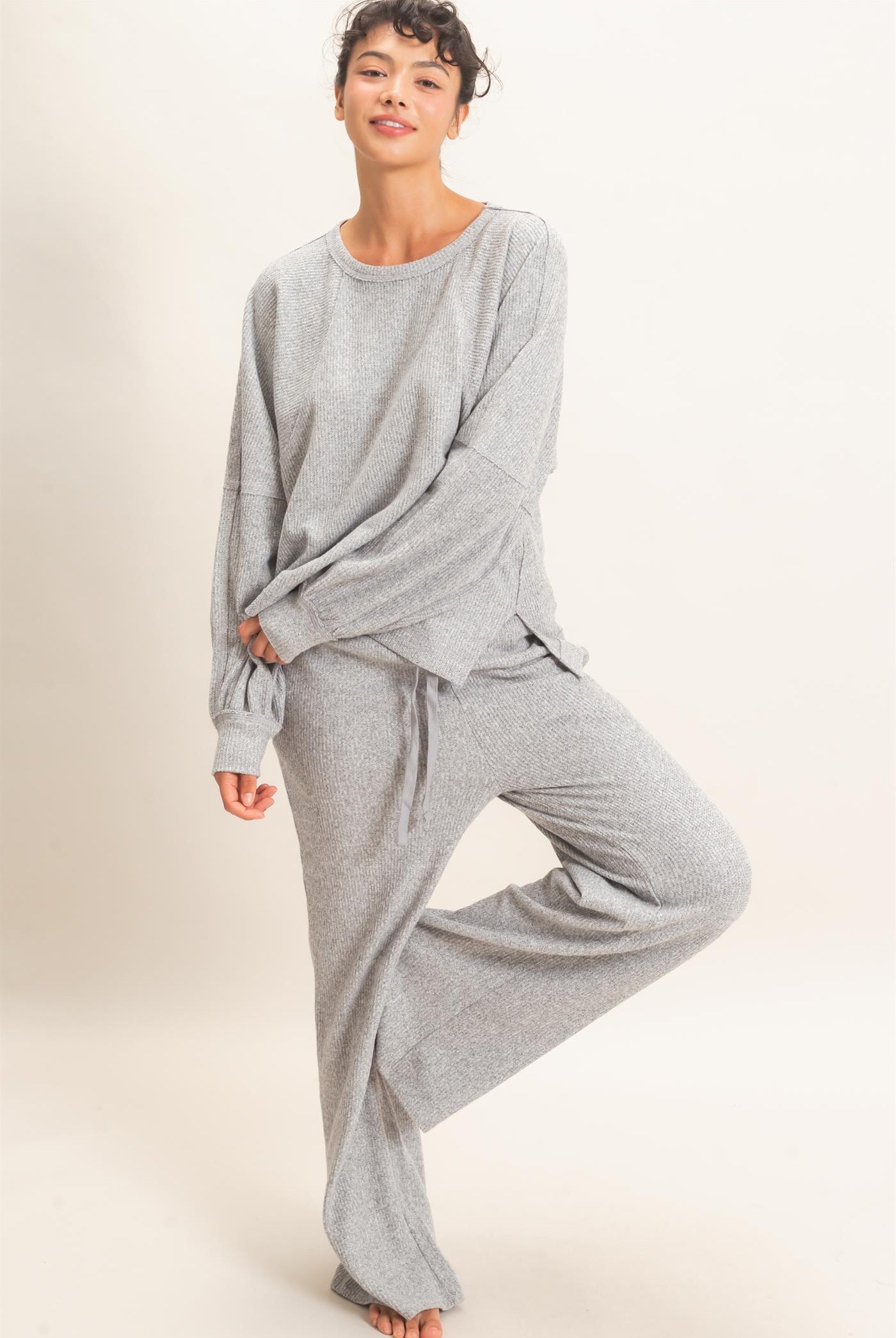 Wholesale Brushed Waffle Long Sleeve Top Clothing Tops DZ26F312 HEATHER GRAY DOUBLE ZERO