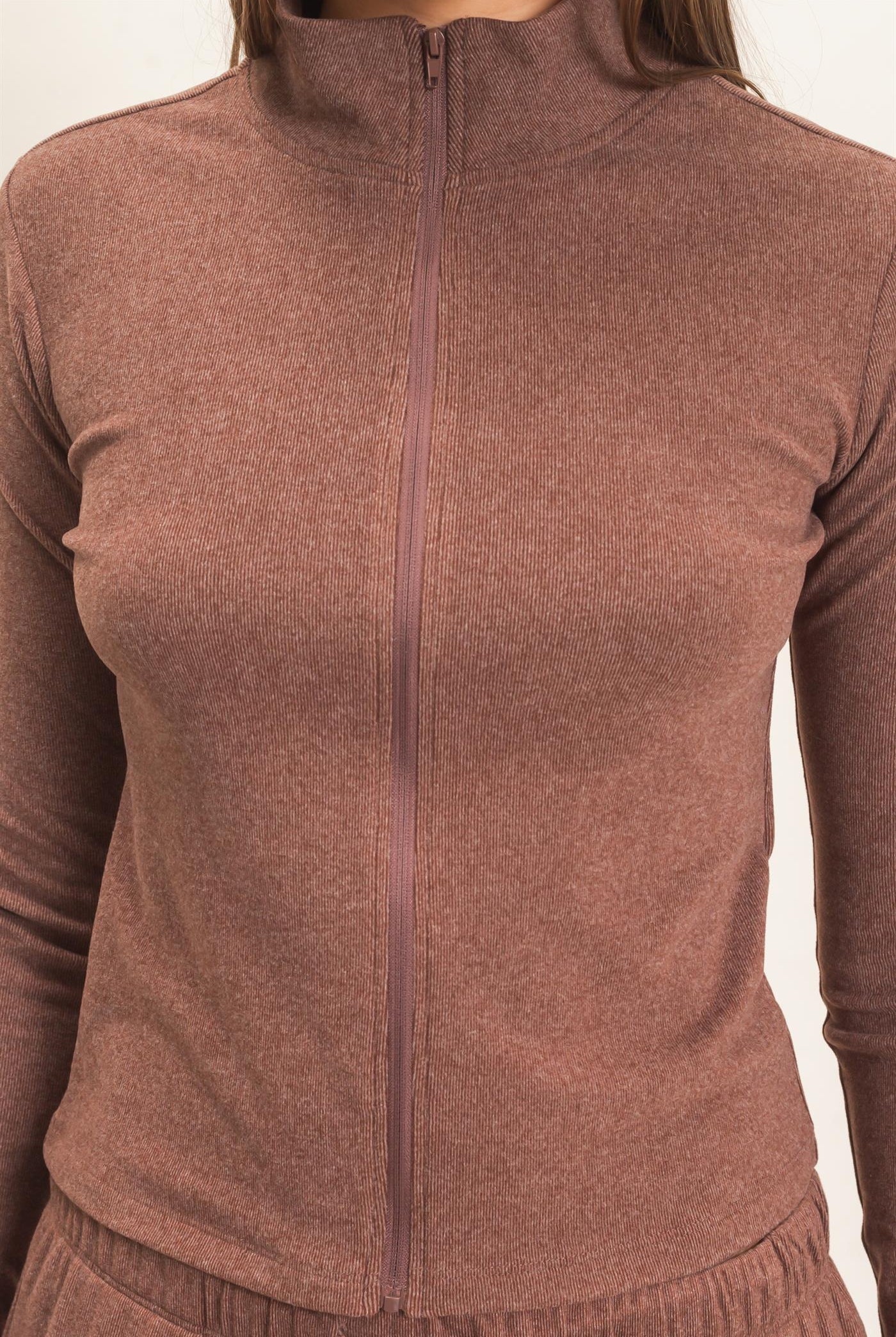 Wholesale Mock Neck Long Sleeve Zip Up Top Clothing Tops DZ26E911 DARK BROWN DOUBLE ZERO