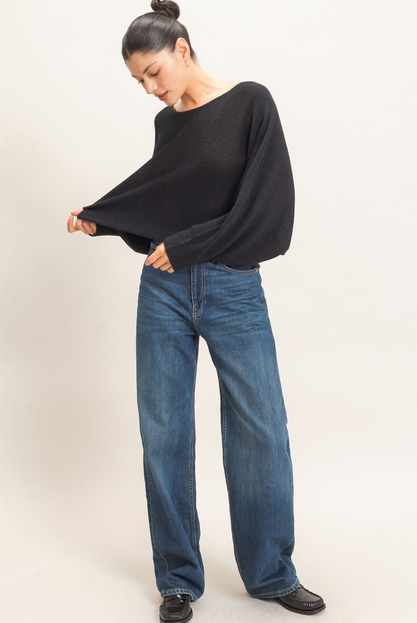 Wholesale Loose Knit Boat Neck Sweater Sweaters HF26E896 BLACK HYFVE