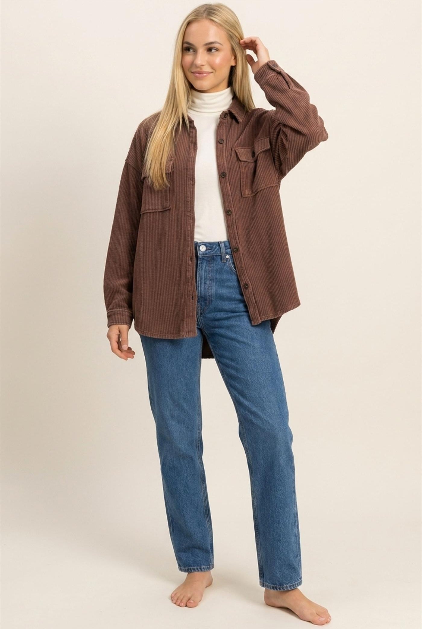 Wholesale Mineral Wash Waffle Knit Button-Up Shacket Coats & Jackets DZ26E249 DARK BROWN DOUBLE ZERO