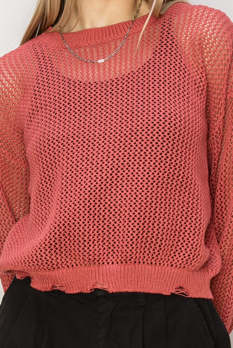 Wholesale Distressed Knit Sweater Clothing Tops DZ24C038 BRICK DOUBLE ZERO