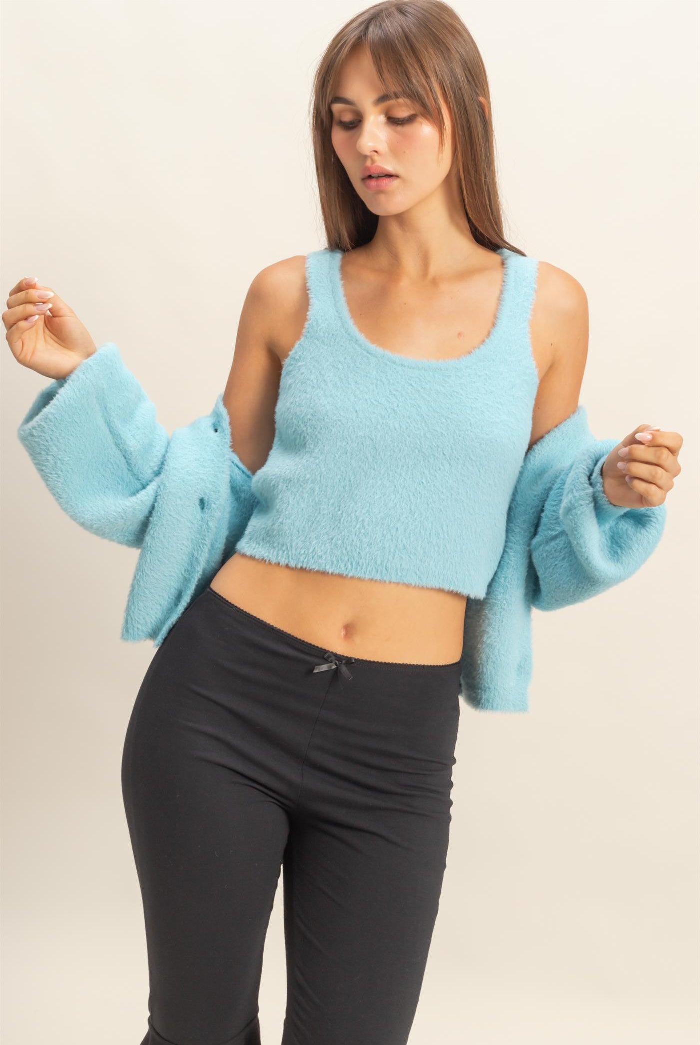 Wholesale Knit Top And Cardigan 2 Pieces Set Clothing Tops HF23F918-SET TEAL BLUE HYFVE