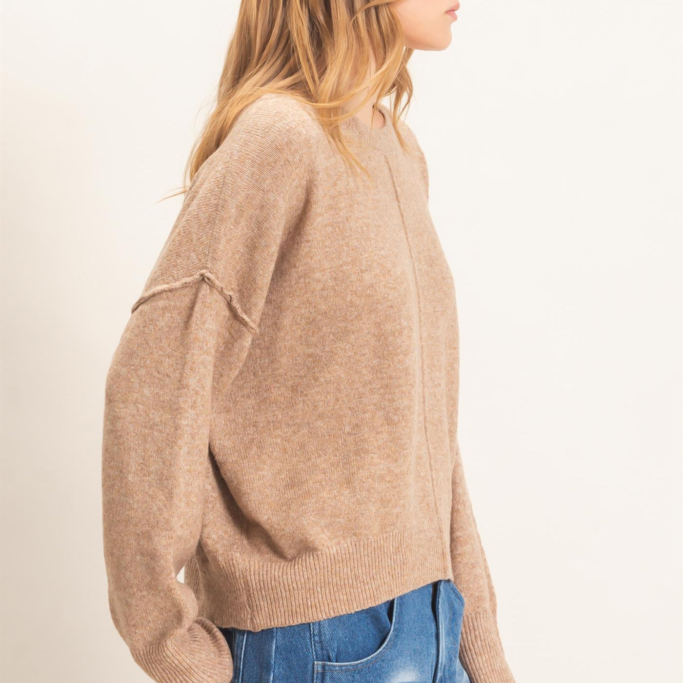 Wholesale Crew Neck Sweater With Ribbed Hem Sweaters HF26E203-D DARK TAUPE HYFVE