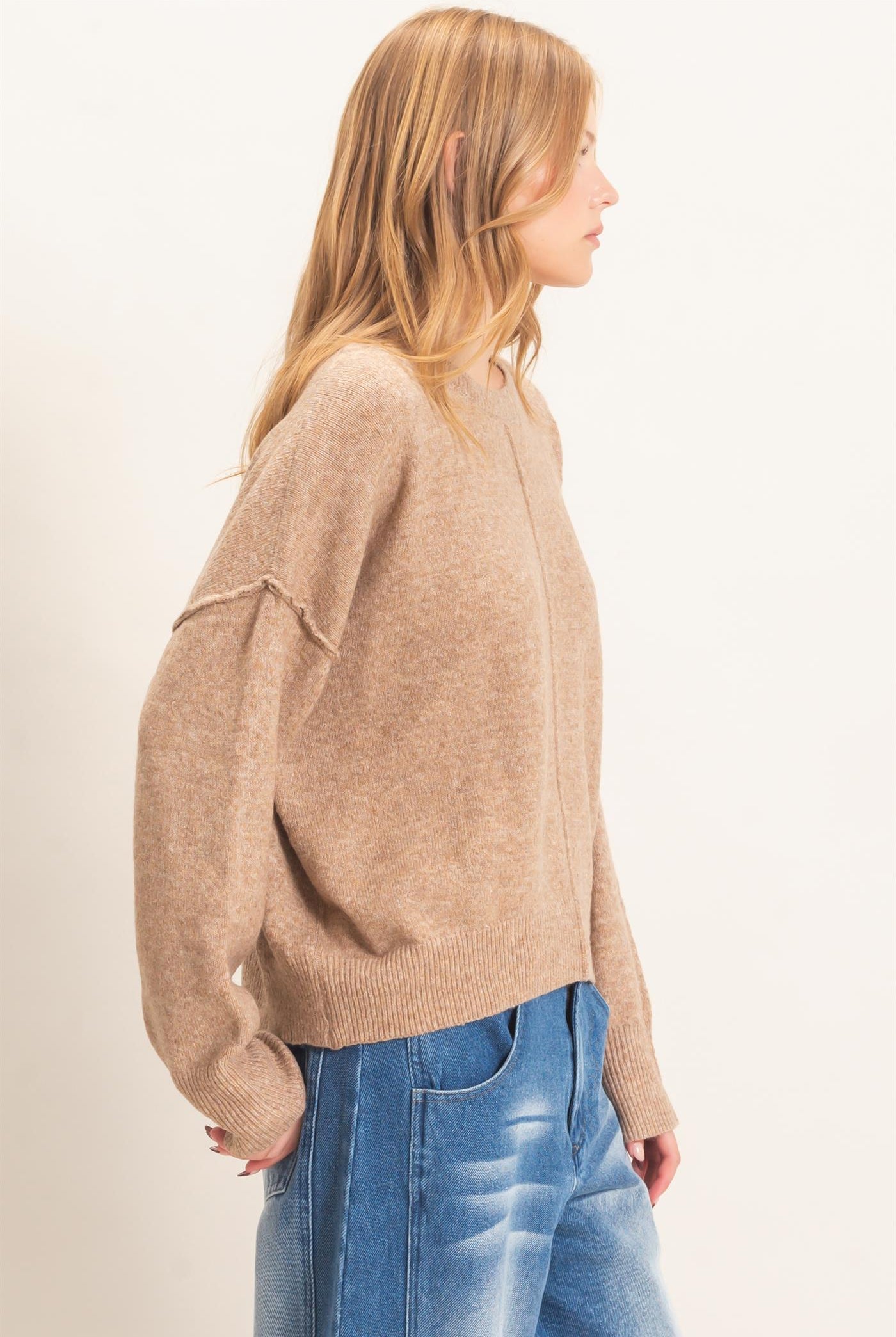 Wholesale Crew Neck Sweater With Ribbed Hem Sweaters HF26E203-D DARK TAUPE HYFVE