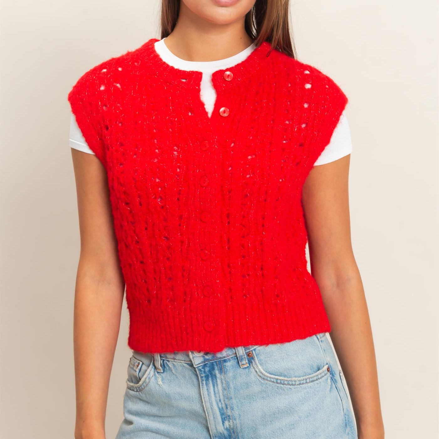 Wholesale Open Knit Sleeveless Button Front Sweater Vest Sweaters DZ26A829 RED DOUBLE ZERO
