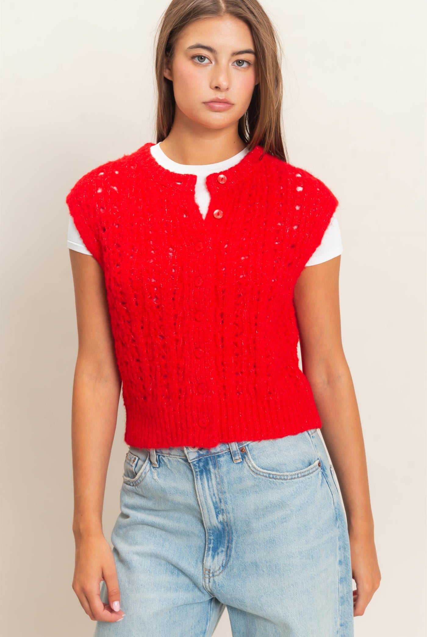 Wholesale Open Knit Sleeveless Button Front Sweater Vest Sweaters DZ26A829 RED DOUBLE ZERO