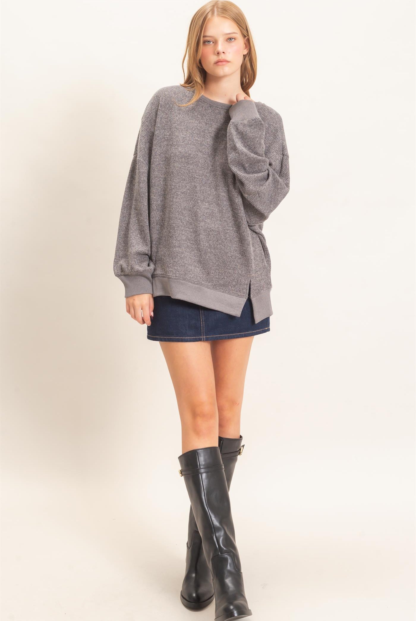 Wholesale Ribbed Boat Neck Knit Top Clothing Tops HF26E852 GRAY HYFVE