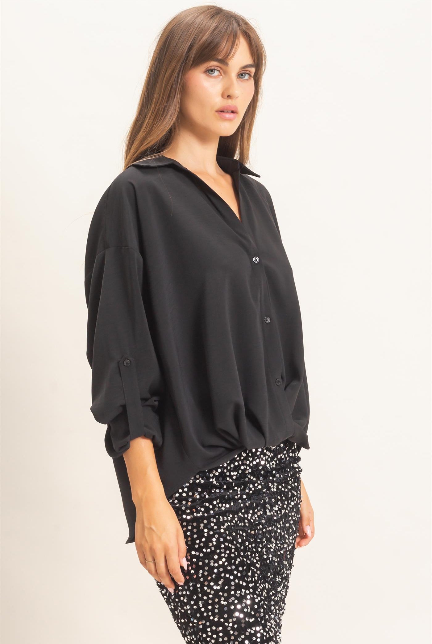 Wholesale Button-Up Dolman Sleeve Top Shirts HF26F070 BLACK HYFVE