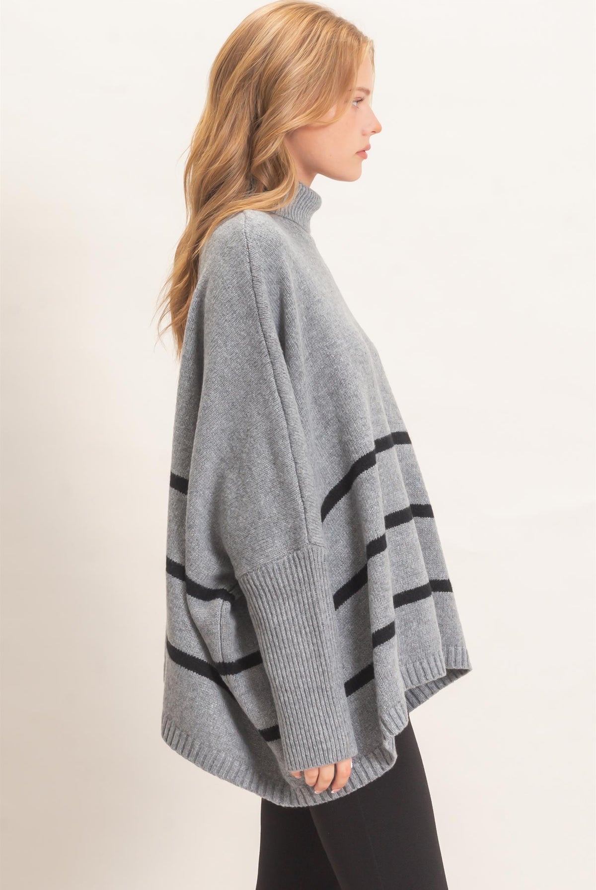 Wholesale Striped Turtleneck Poncho Sweater Sweaters HF26F194 HEATHER GRAY HYFVE