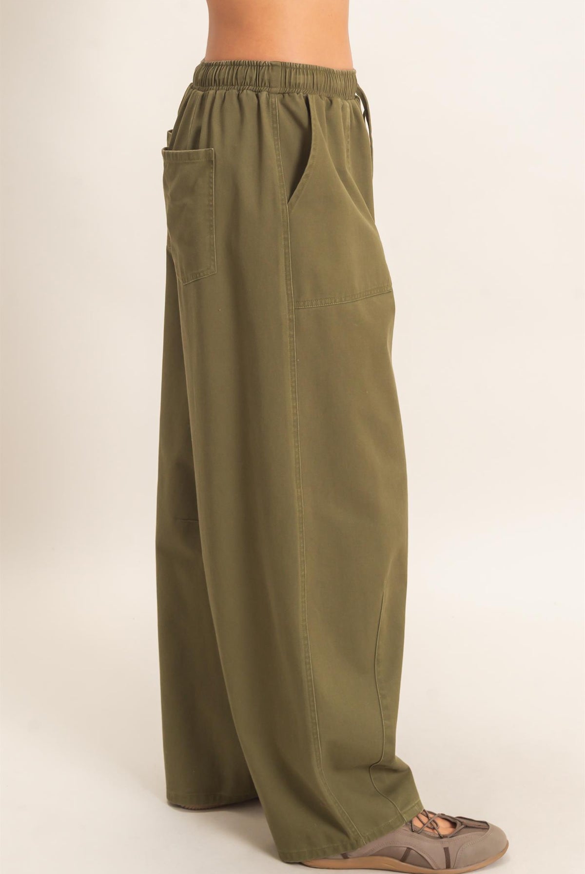 Wholesale Twill Elastic Waist Barrel Pants Pants DZ27A228 DARK OLIVE DOUBLE ZERO