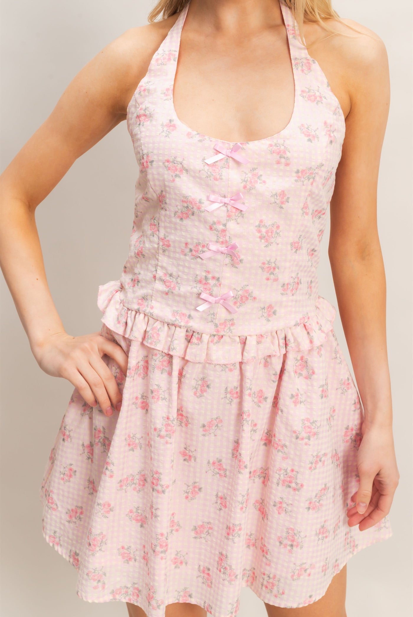 Wholesale Floral Seersucker Halter Dress Dresses HF26A189 PINK HYFVE