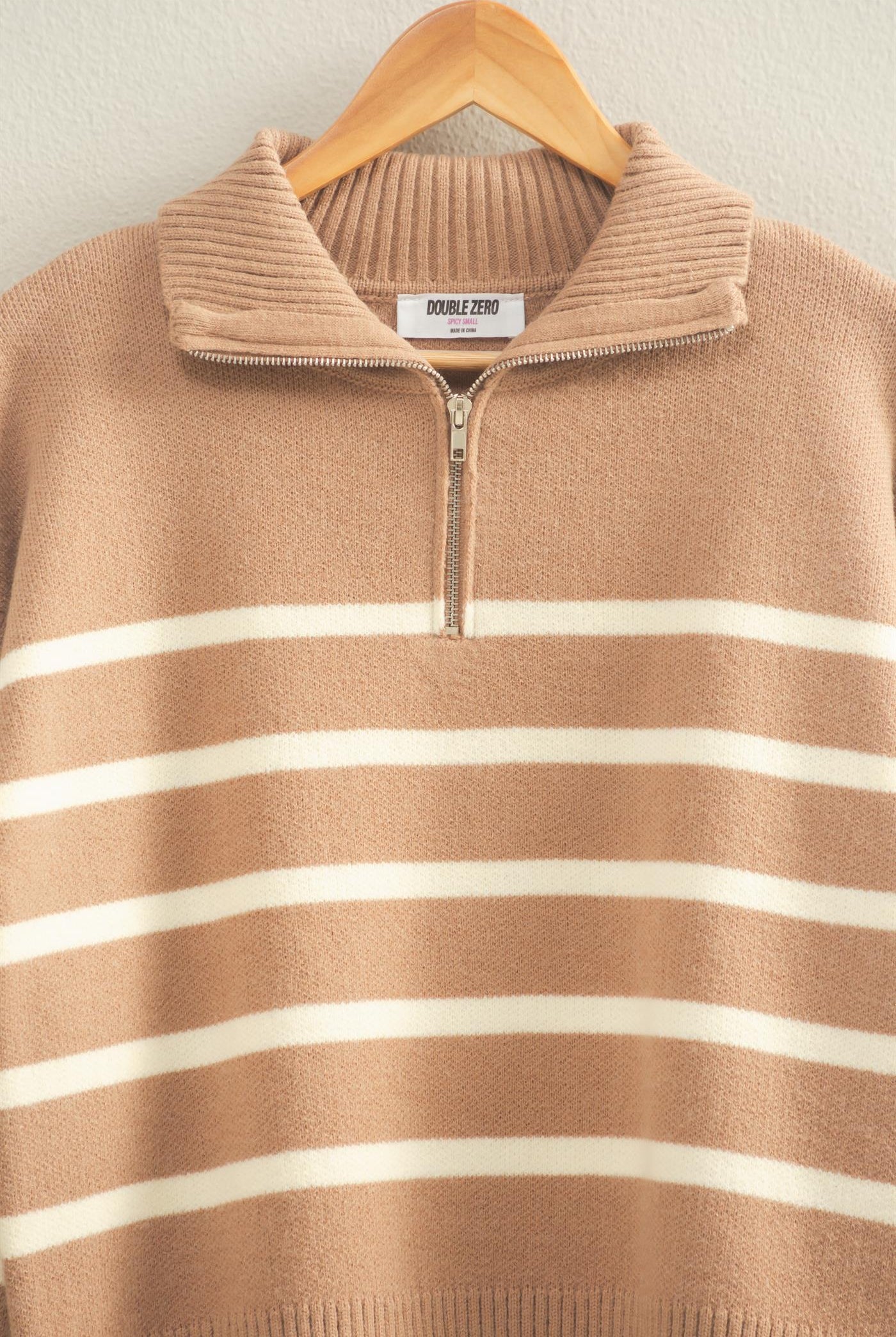 Wholesale Striped Half Zip Sweater Sweaters DZ25E282 DARK TAUPE/CREAM DOUBLE ZERO