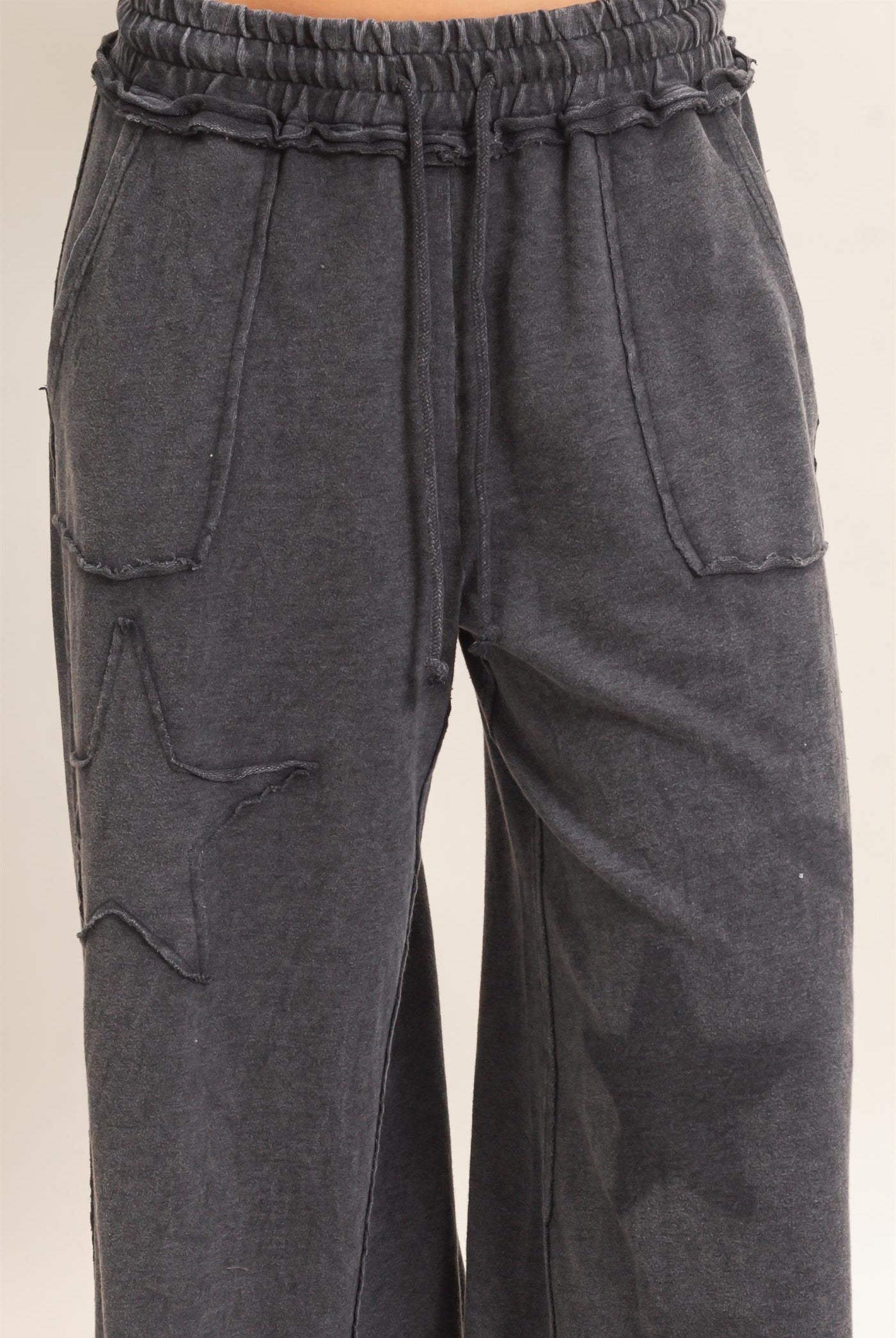 Wholesale Mineral Wash Star Patch And Print Wide Leg Pants Pants DZ26F060 BLACK DOUBLE ZERO