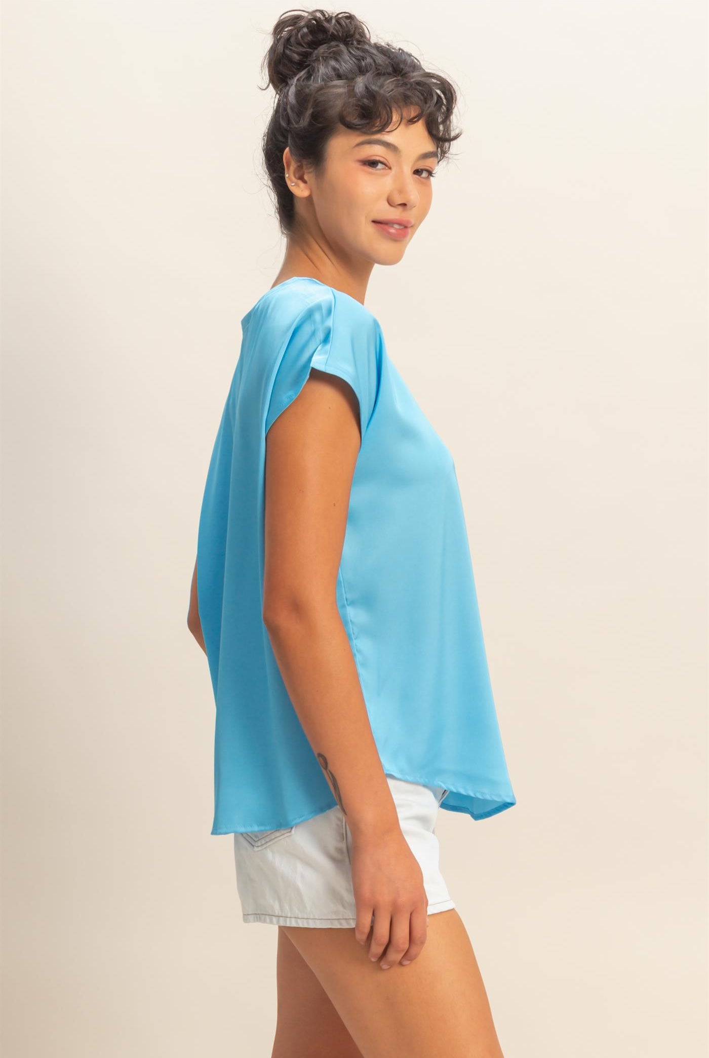 Wholesale Satin Dolman Sleeve Round Neck Blouse Clothing Tops DZ26C181 BLUE DOUBLE ZERO