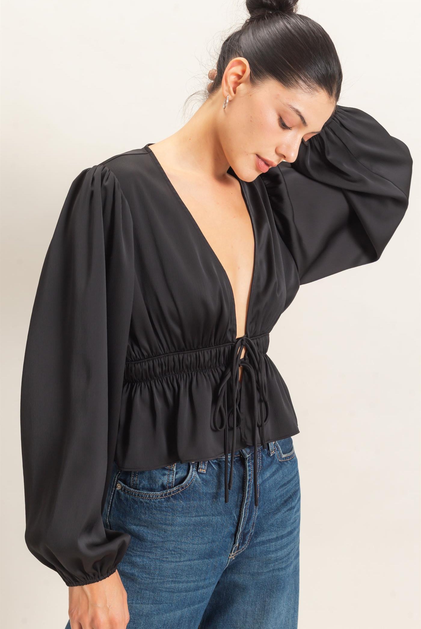 Wholesale Plunging Tie-Front Blouse Blouses HF26F082 BLACK HYFVE