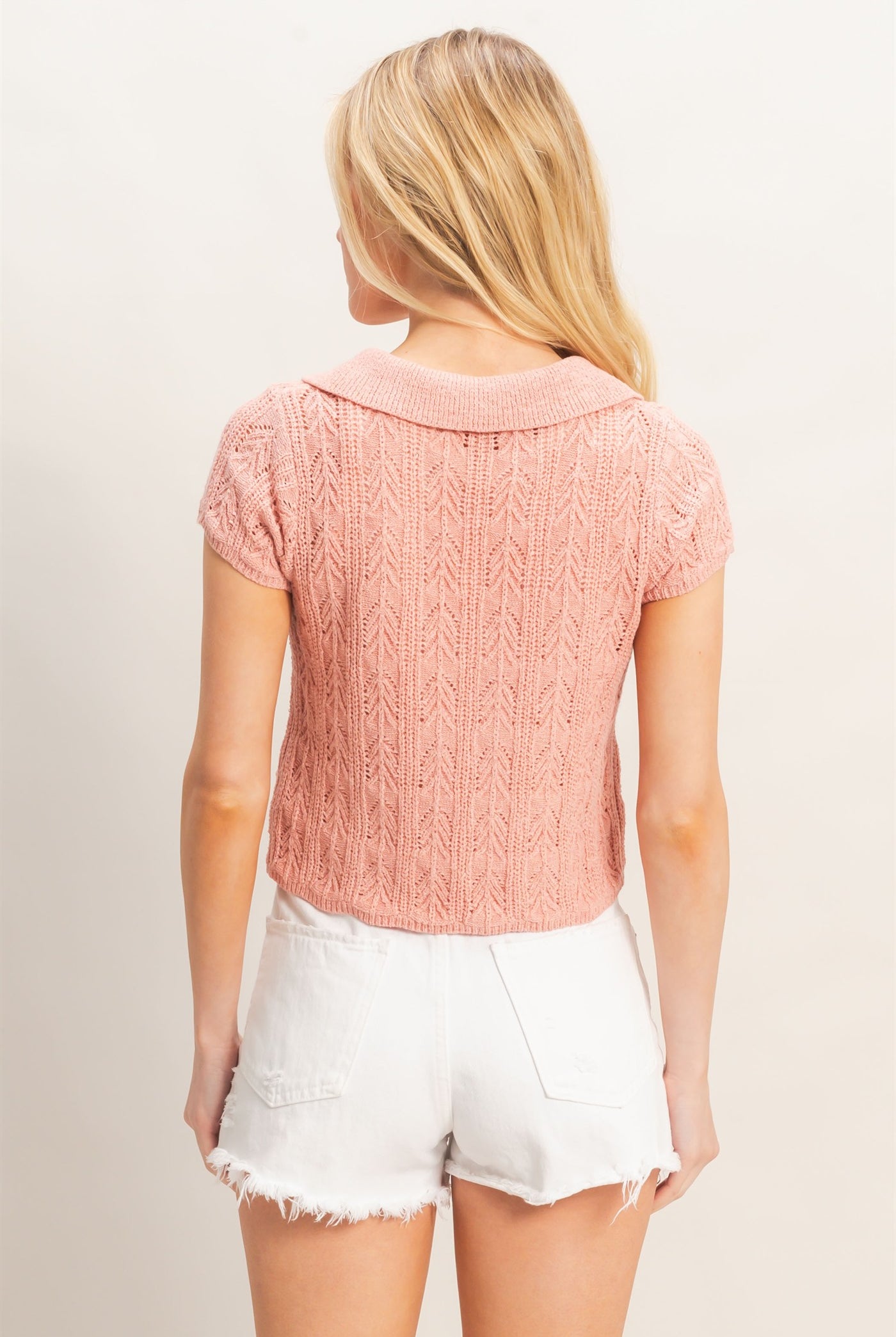 Wholesale Pointelle Knit Collared Cardigan Clothing Tops HF26A856 LIGHT MAUVE HYFVE