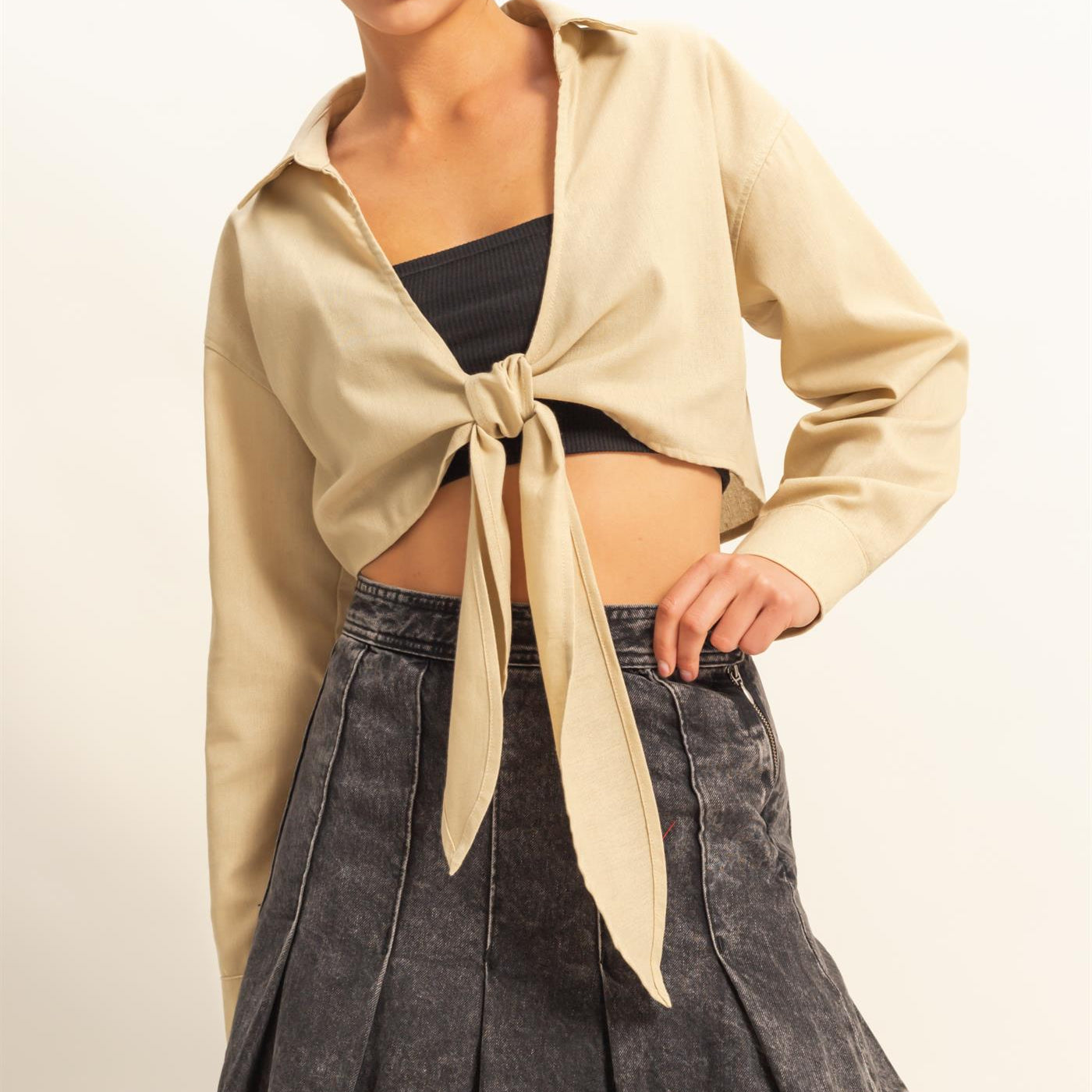 Wholesale Sand Washed Tie Front Crop Top Blouses DZ24C963 LIGHT TAUPE DOUBLE ZERO