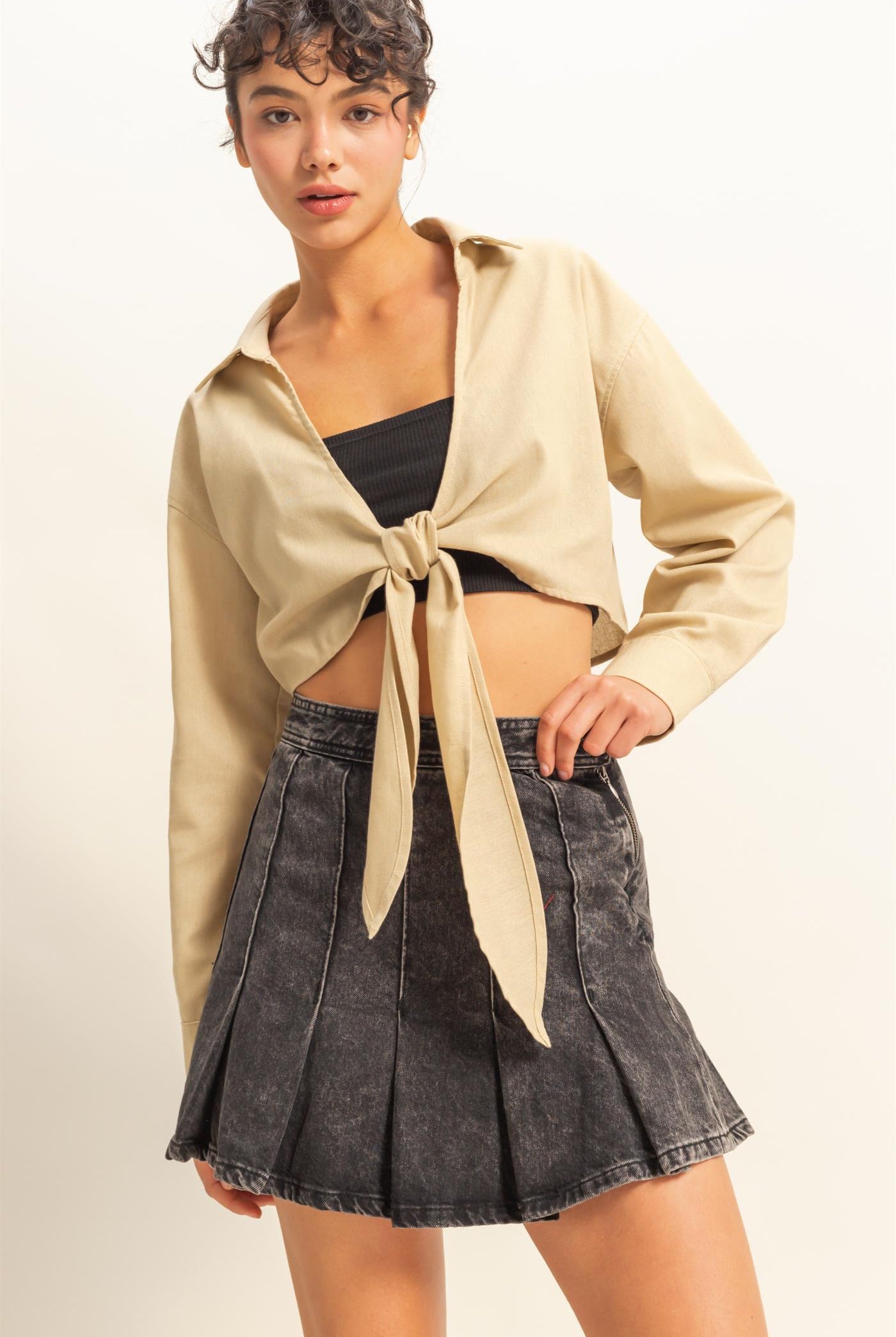 Wholesale Sand Washed Tie Front Crop Top Blouses DZ24C963 LIGHT TAUPE DOUBLE ZERO