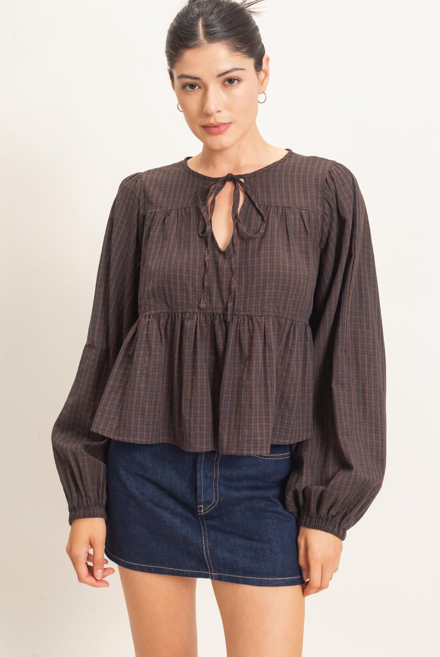 Wholesale Checkered Tie Neck Top Clothing Tops HF26E732 BROWN HYFVE