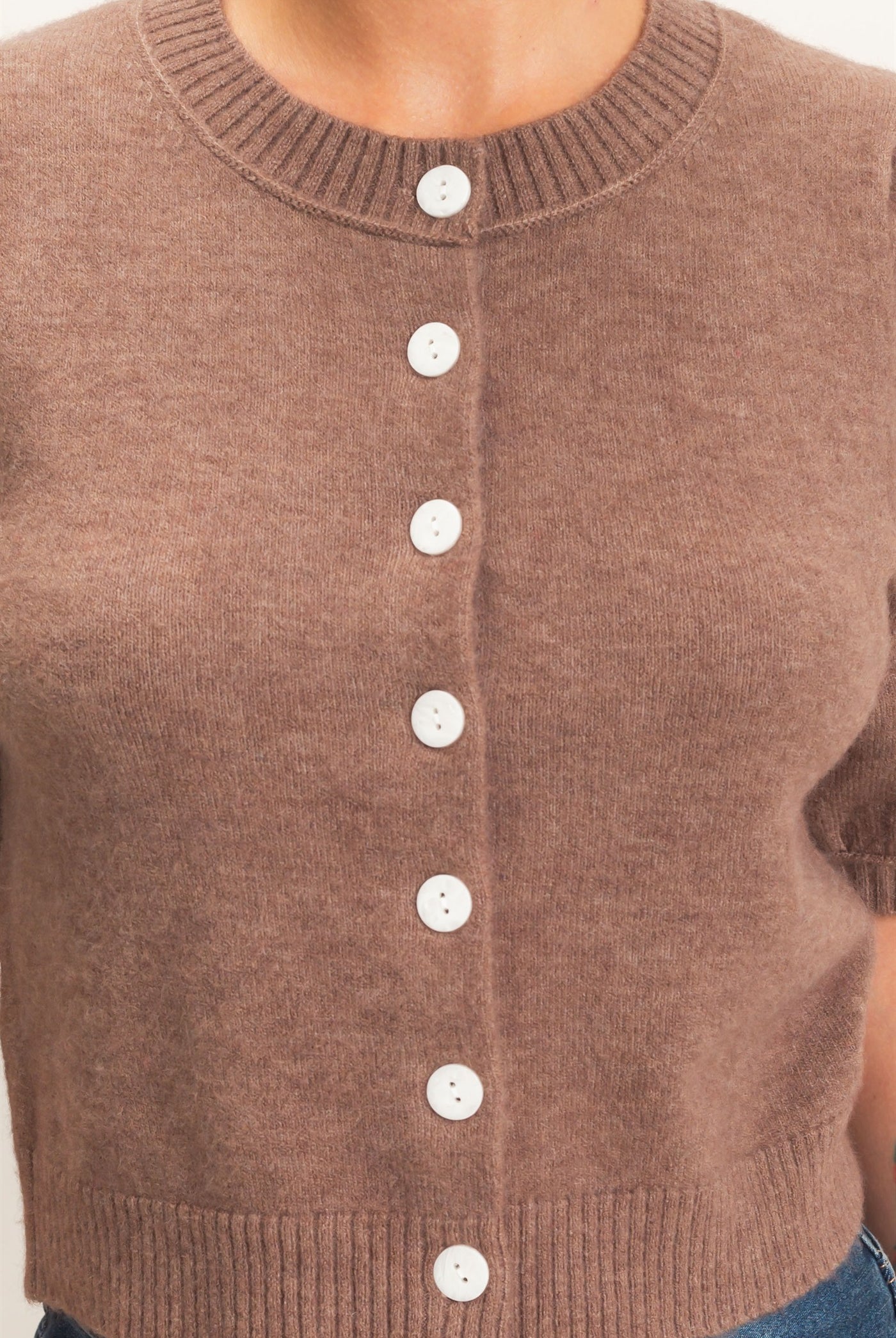 Wholesale Button Front Puff Short Sleeve Cardigan Cardigans DZ26C960 ASH BROWN DOUBLE ZERO