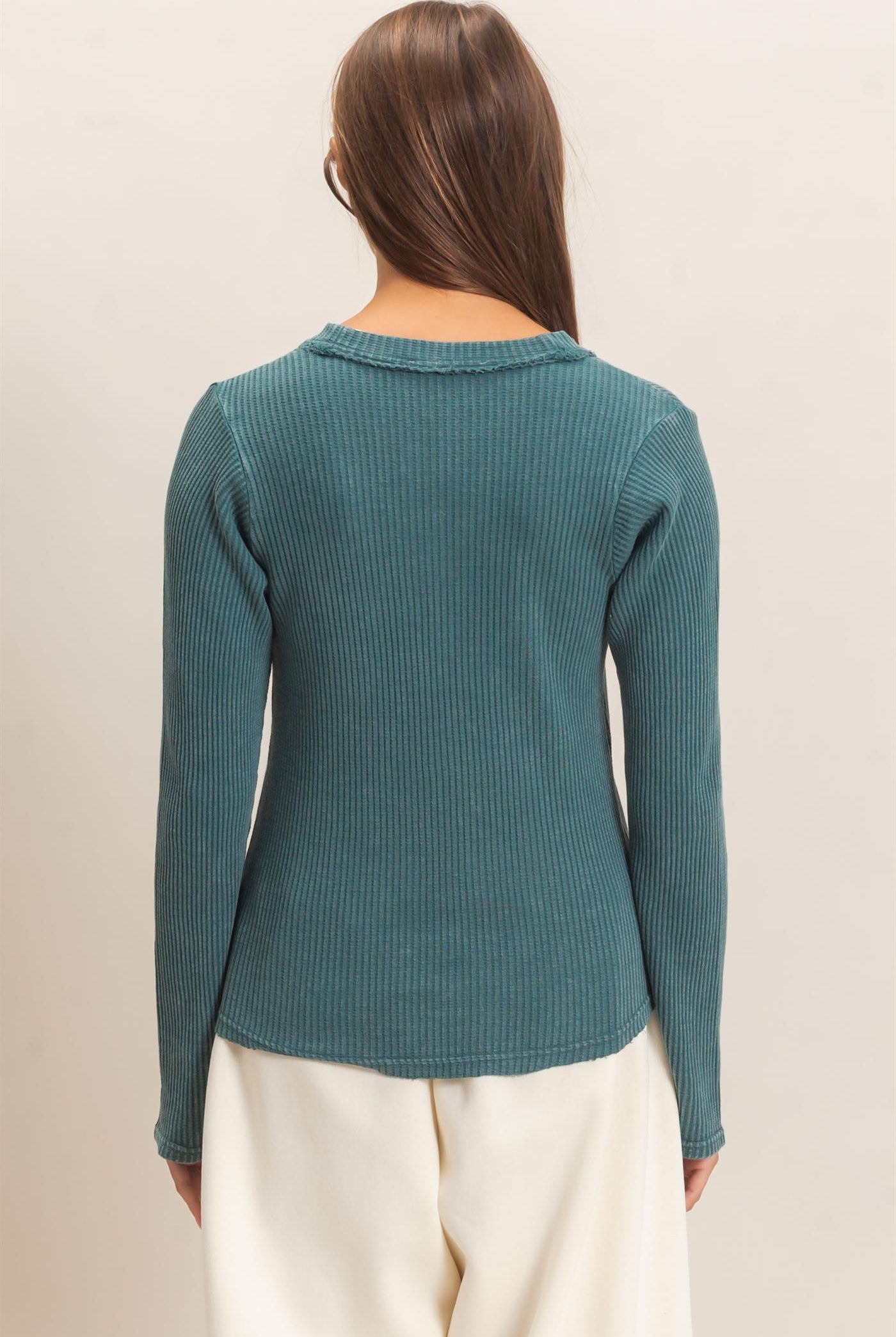Wholesale Mineral Wash Waffle Henley Long Sleeve Top Clothing Tops DZ26E243 DARK TEAL DOUBLE ZERO