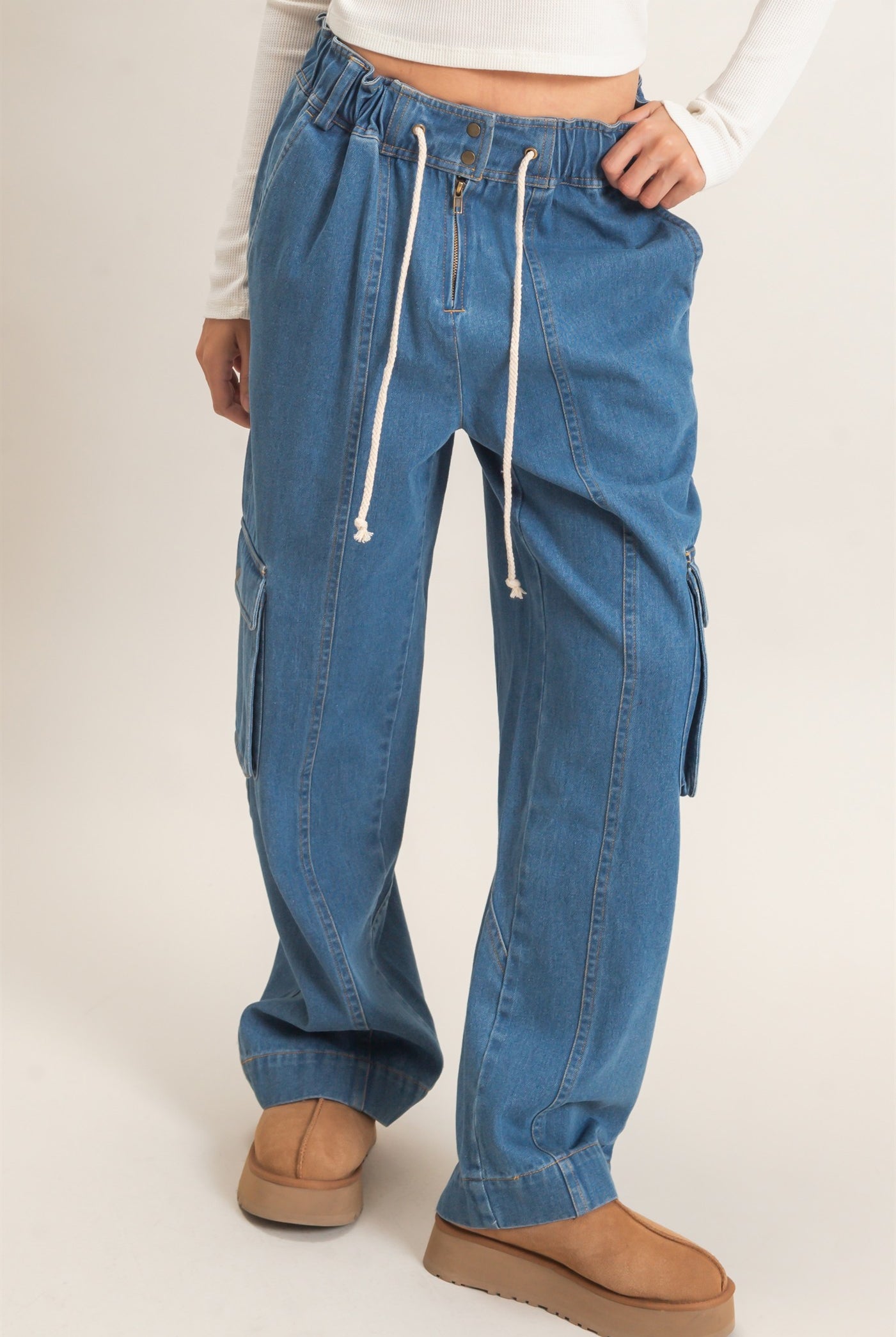Wholesale Drawstring Cargo Denim Pants Pants HF26E182 LIGHT DENIM HYFVE
