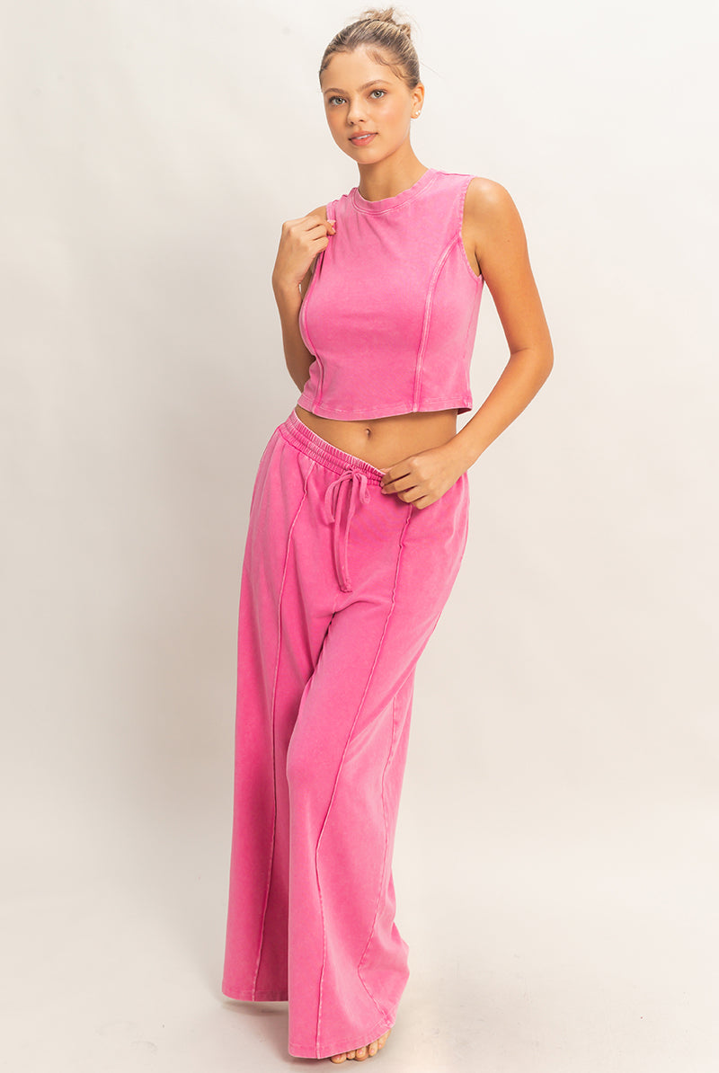 Wholesale Mineral Washed Sleeveless Top & Wide Leg Pants Set Clothing DZ26A371-SET FUCHSIA DOUBLE ZERO