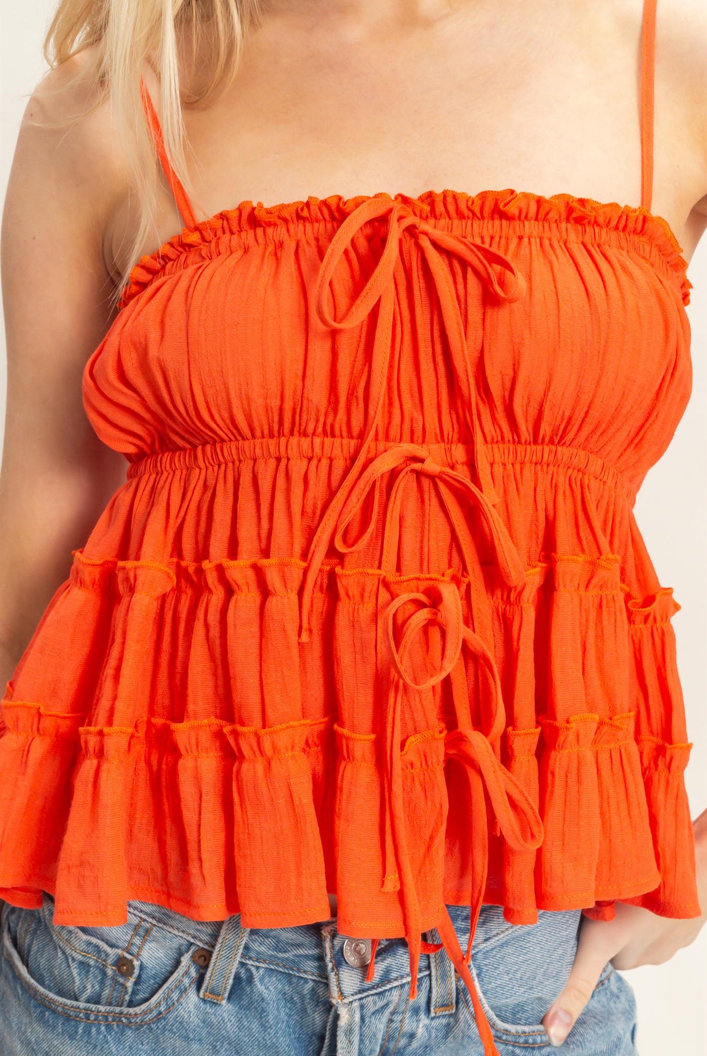 Wholesale Ruffled Tie-Front Cami Camisoles HF26C309-D ORANGE RED HYFVE